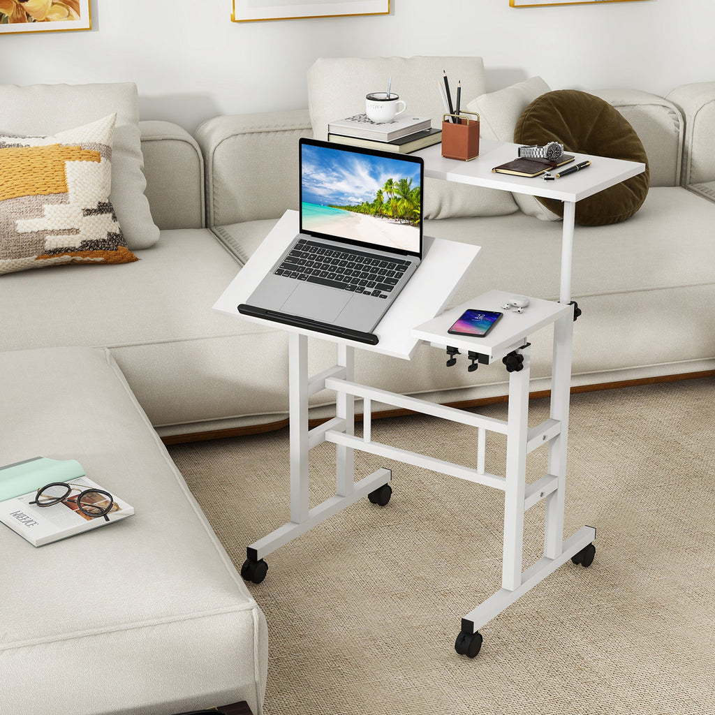 Mobile Stand-up Computer Desk Adjustable with 2 Tilting Desktops-White