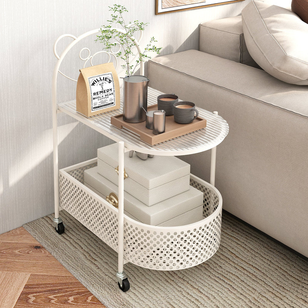 2-Tier Mobile Glass Coffee Table with Bear Pattern-White