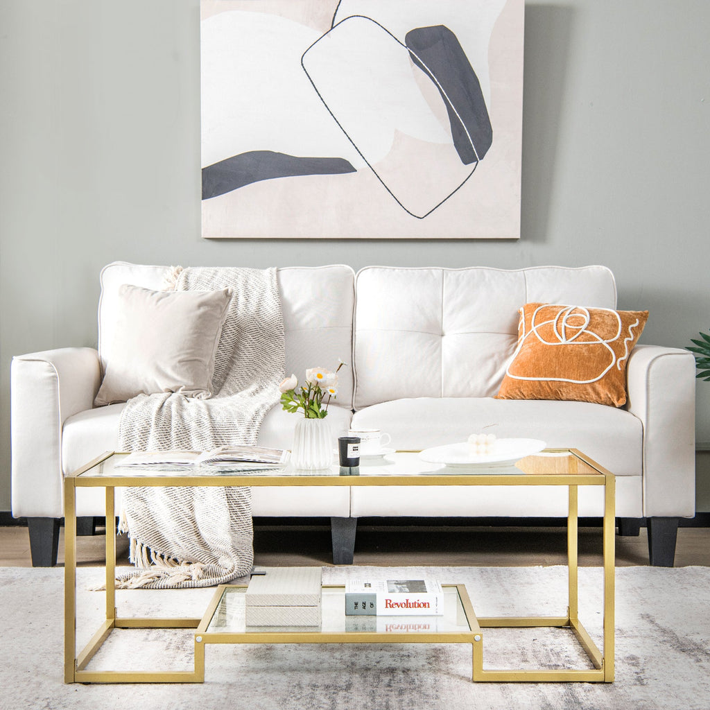 Modern 2-Tier Rectangular Coffee Table with Glass Table Top-Golden