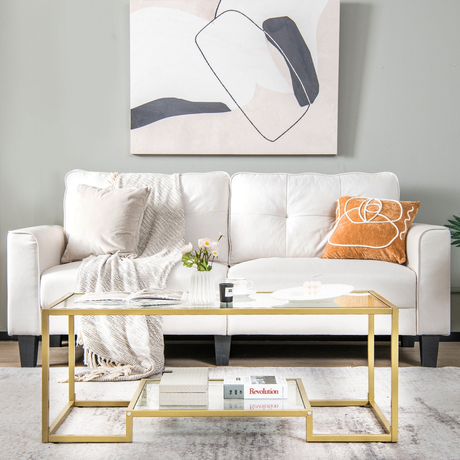 Modern 2-Tier Rectangular Coffee Table with Glass Table Top-Golden