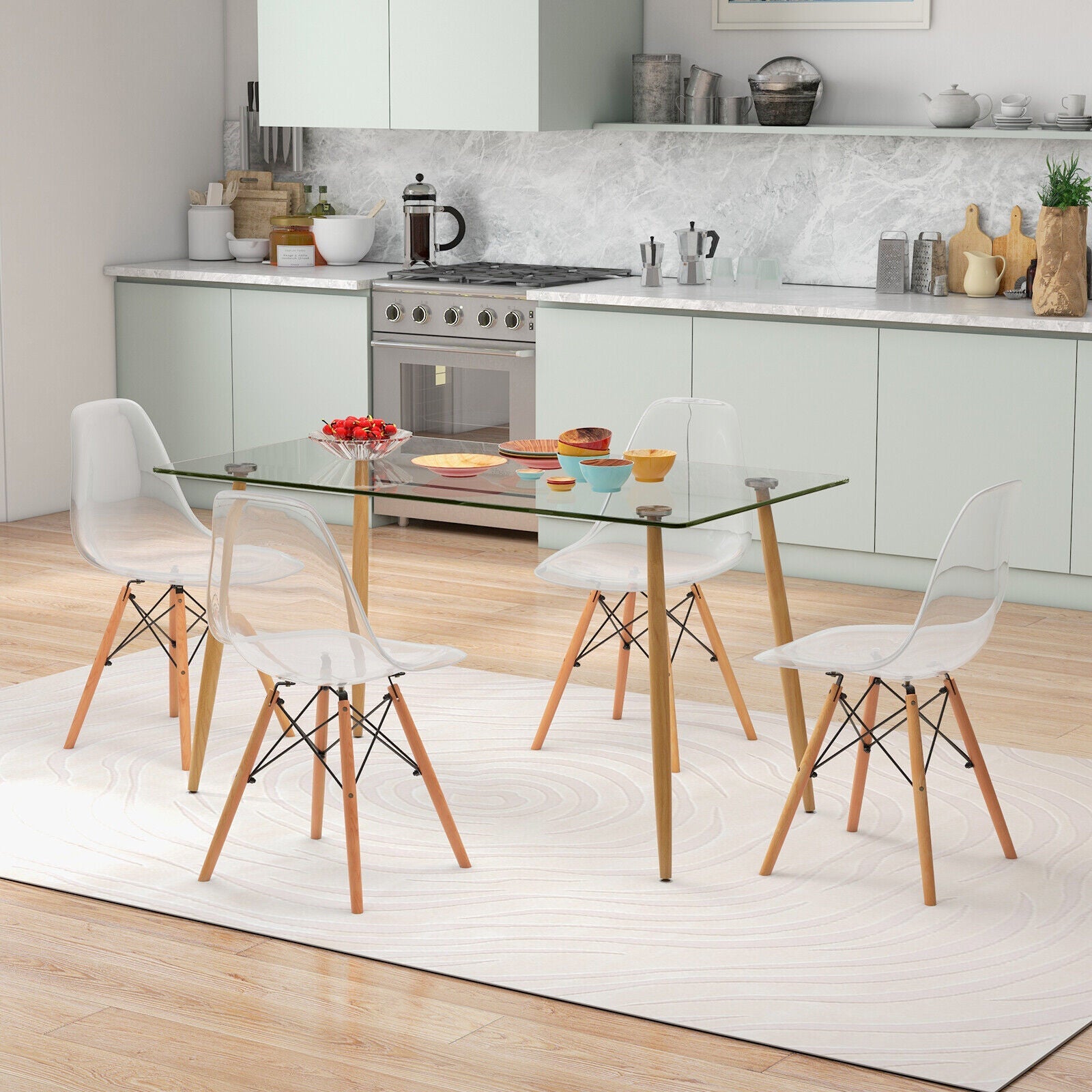 5 Pieces Rectangle Dining Table Set with 51 Inch Glass Tabletop-Transparent