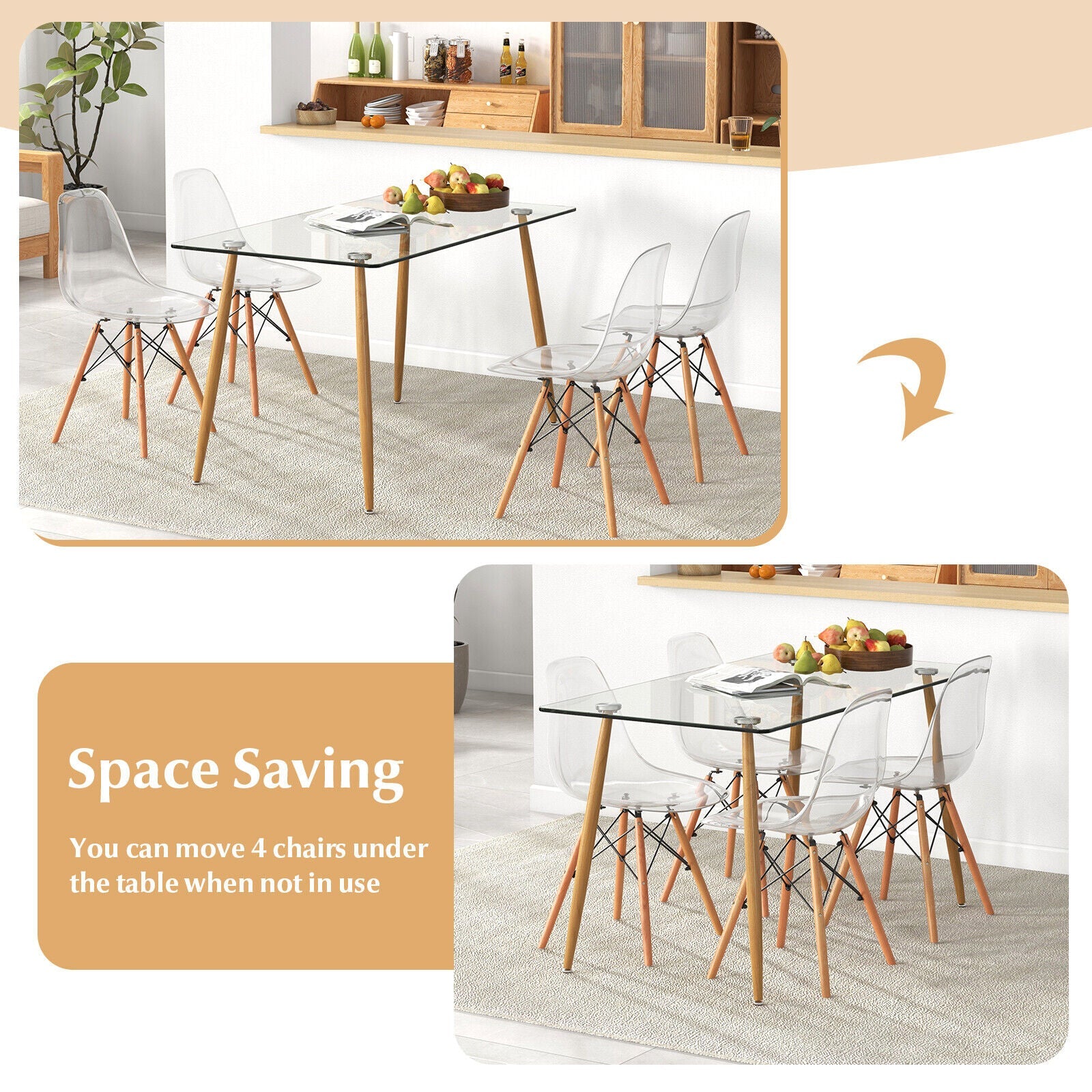 5 Pieces Rectangle Dining Table Set with 51 Inch Glass Tabletop-Transparent