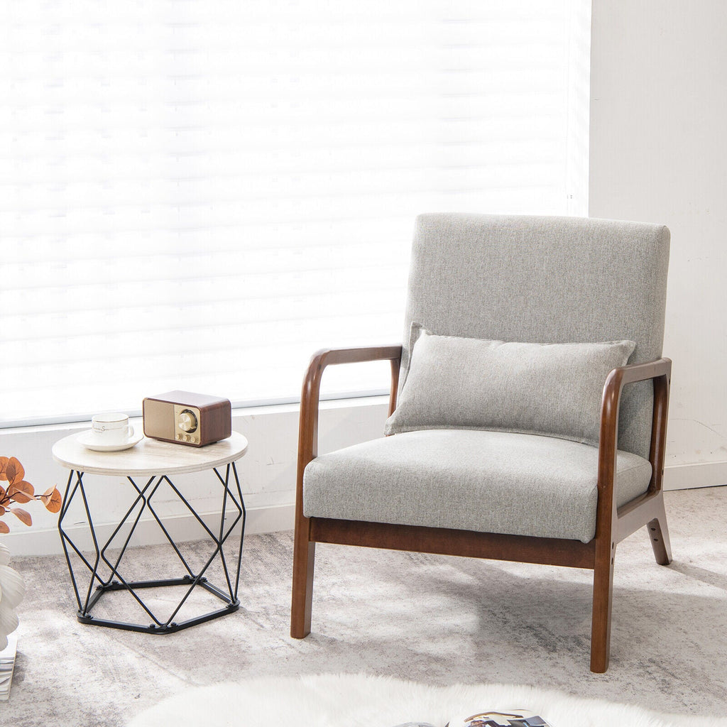 Modern Accent Chair with Rubber Wood Frame and Lumbar Pillow-Gray