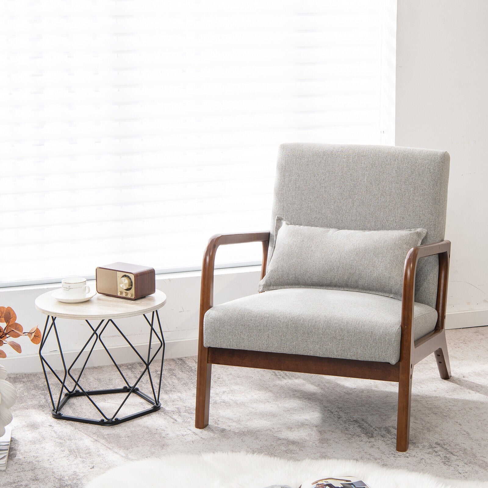 Modern Accent Chair with Rubber Wood Frame and Lumbar Pillow-Gray