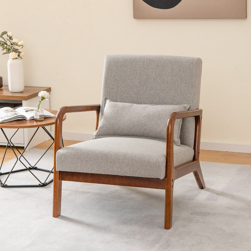 Modern Accent Chair with Rubber Wood Frame and Lumbar Pillow-Gray
