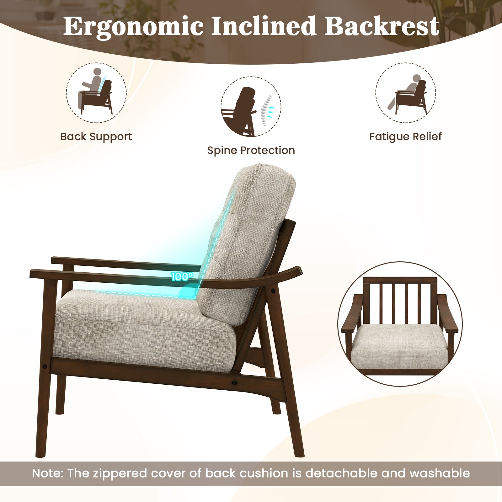 Modern Accent Chair with Rubber Wood Armrests and Legs for Living Room-Brown
