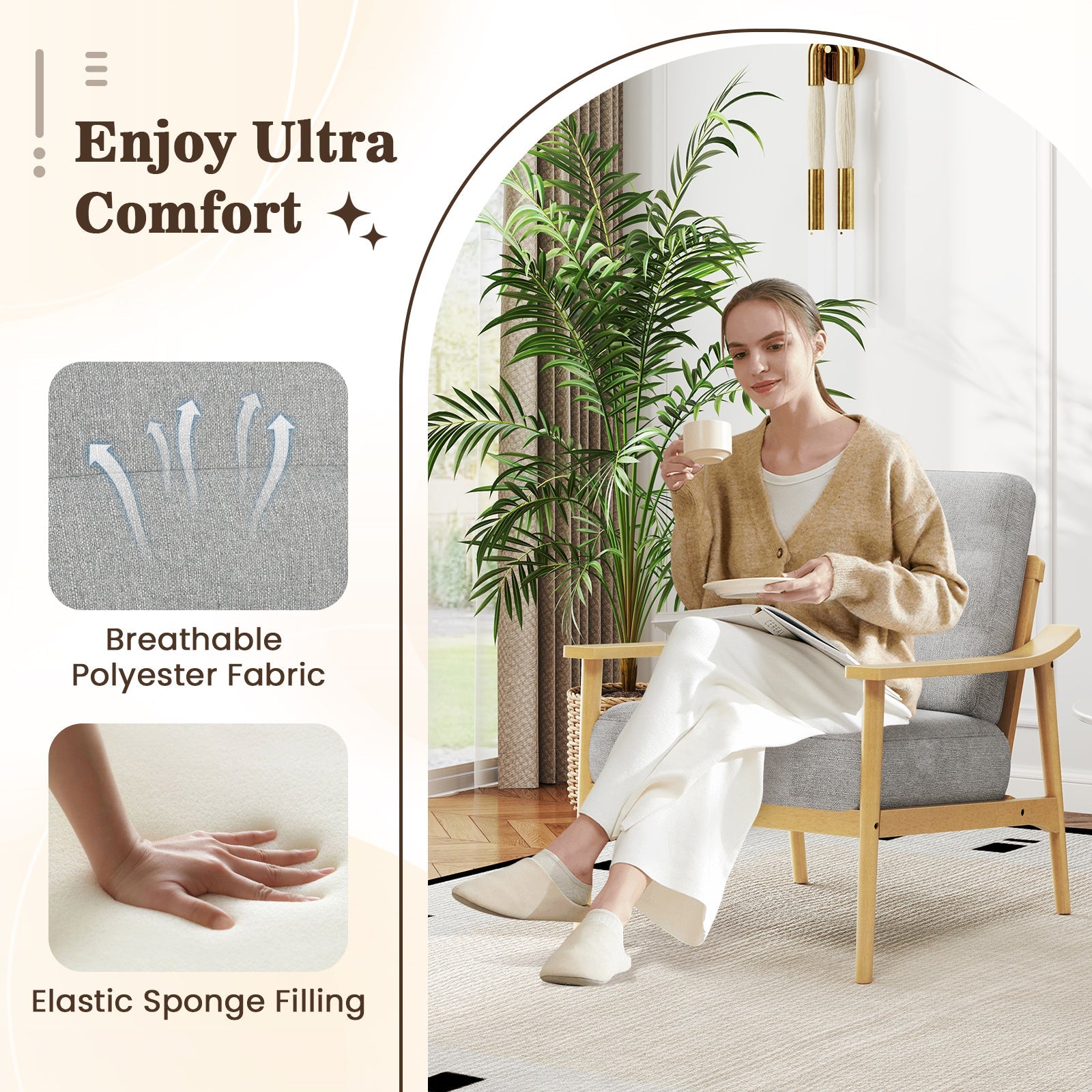Modern Accent Chair with Rubber Wood Armrests and Legs for Living Room-Natural