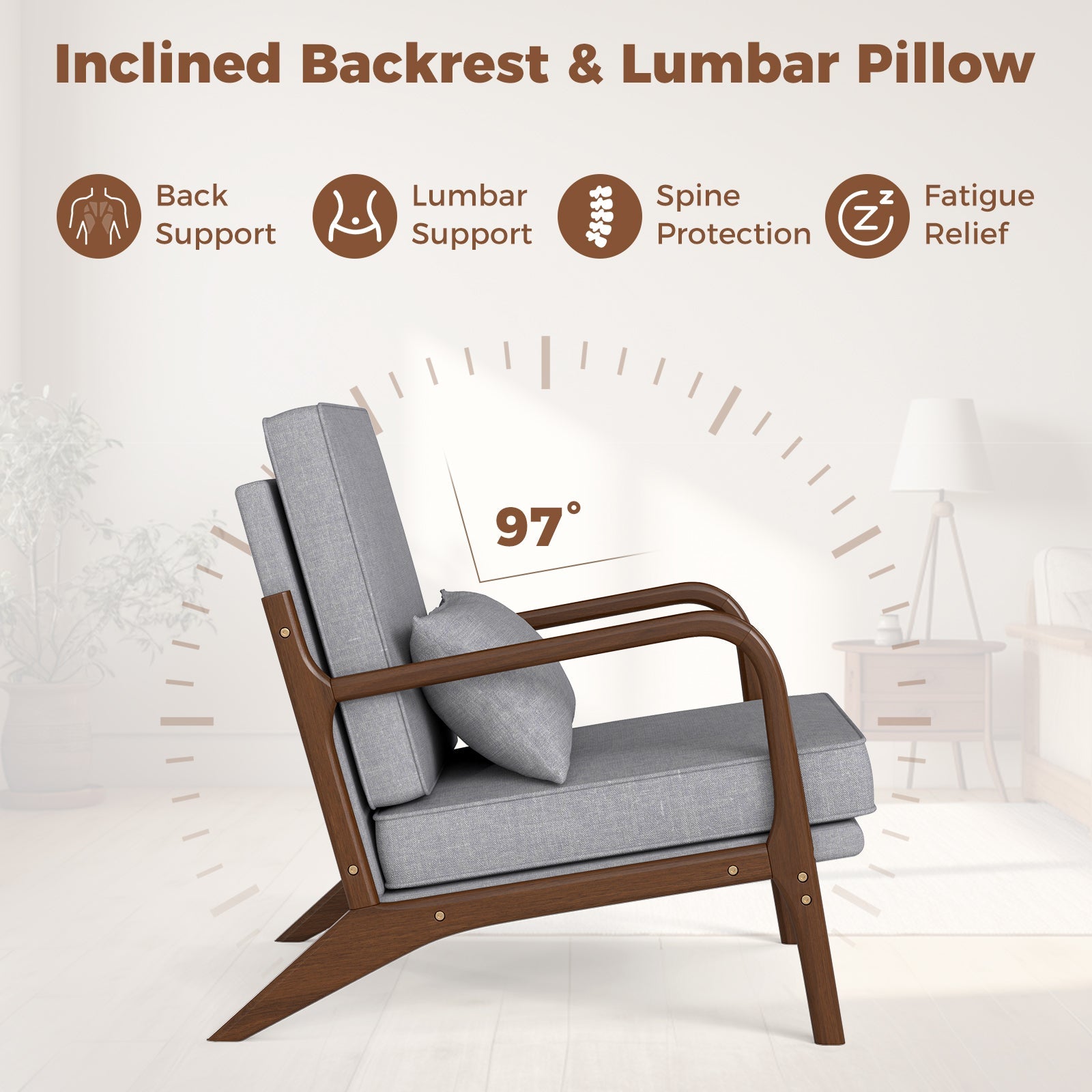 Modern Accent Chair with Rubber Wood Armrests and Removable Back-Gray