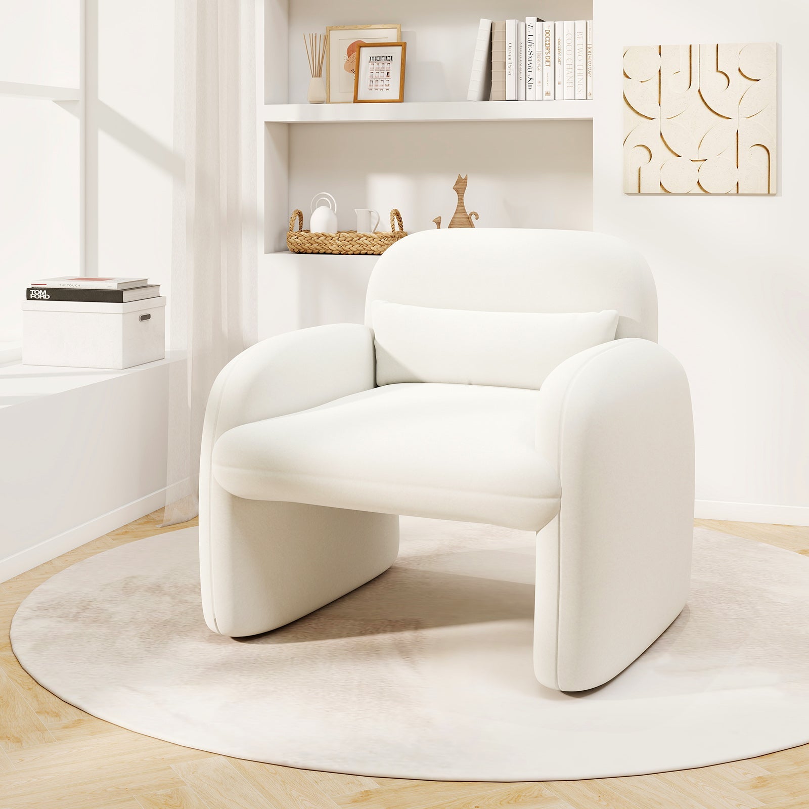 Modern Accent Chair with Waist Pillow and Armrests for Living Room Bedroom-Beige
