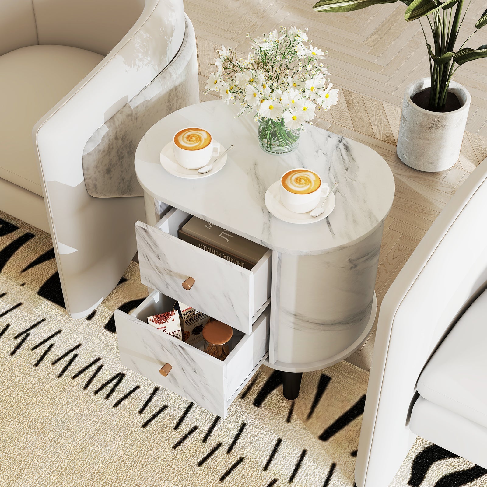 2-Drawer Nightstand Modern Faux Marble Bedside Table with Storage-White