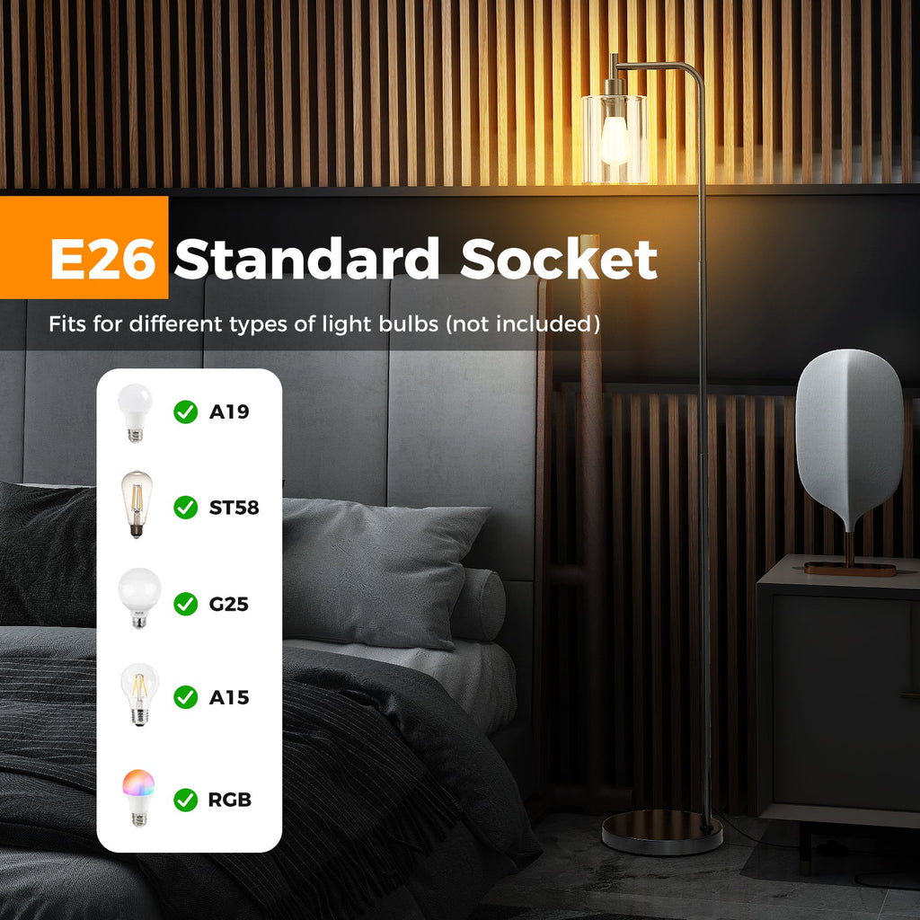 Modern Floor Lamp with Hanging Glass Lampshade and Foot Switch-Black