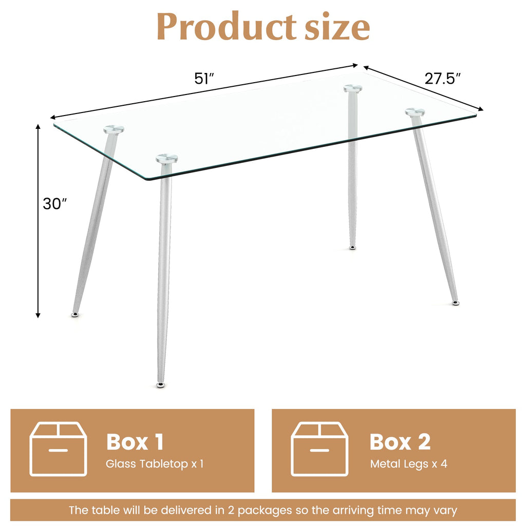 Modern Glass Rectangular Dining Table with Metal Legs-Silver