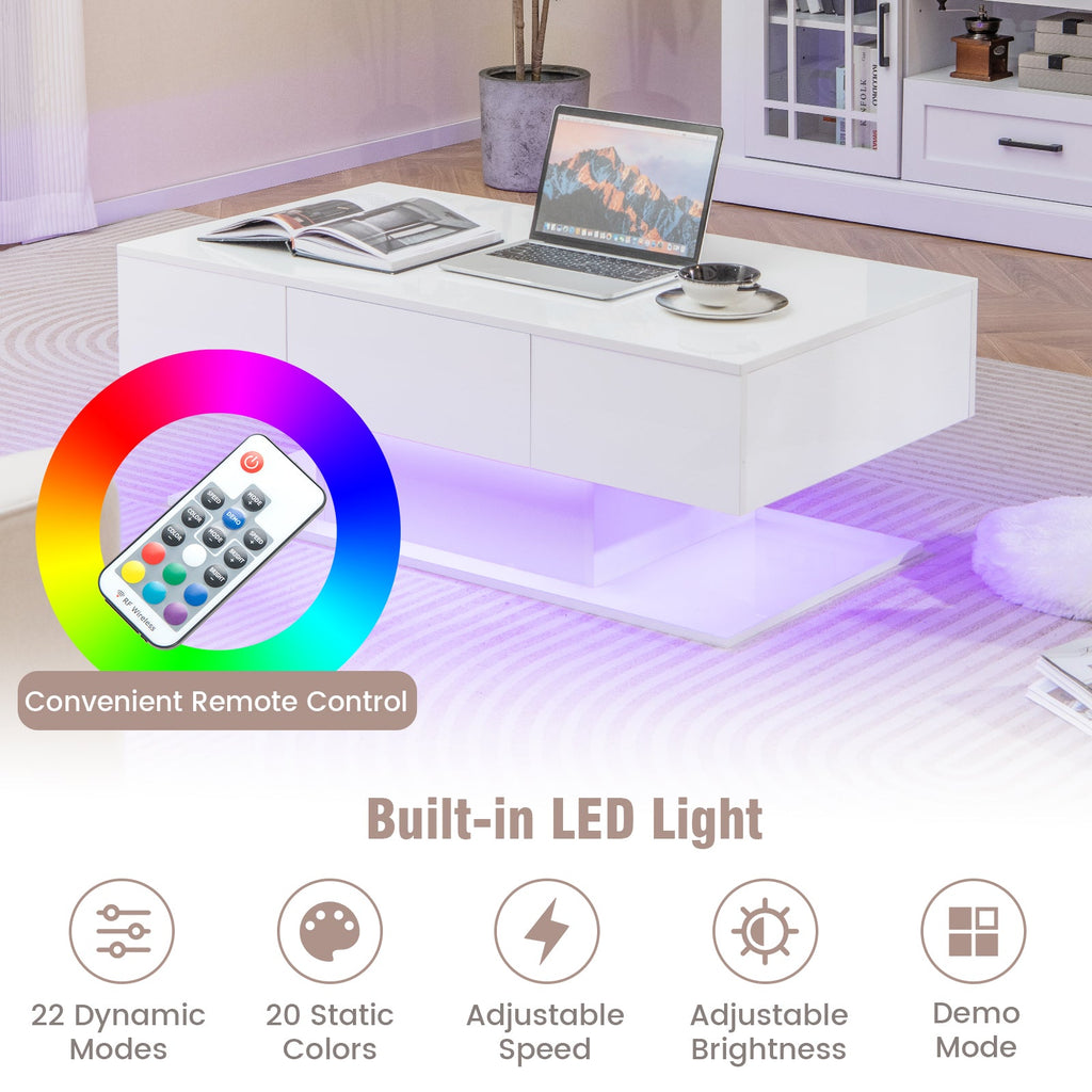 Modern LED Coffee Table with 20 Color LED Lights and 2 Storage Drawers-White