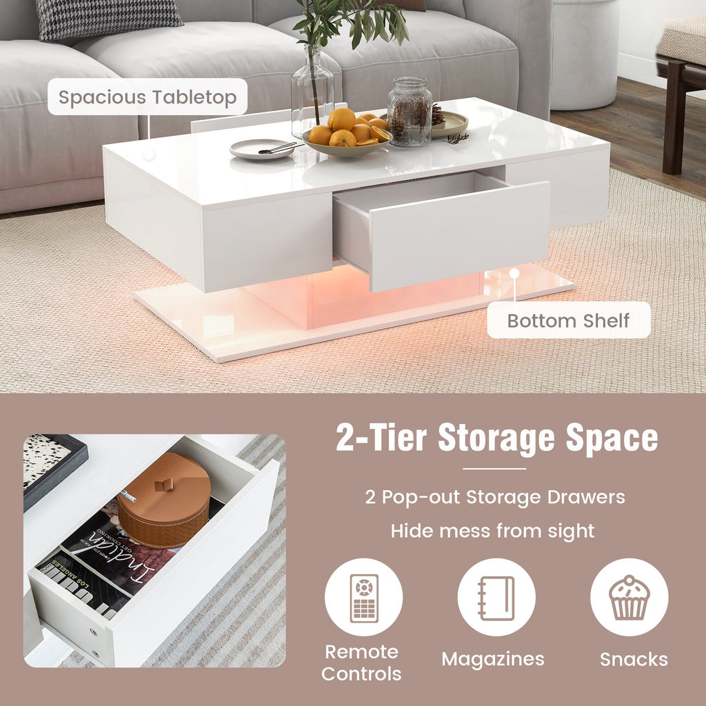 Modern LED Coffee Table with 20 Color LED Lights and 2 Storage Drawers-White