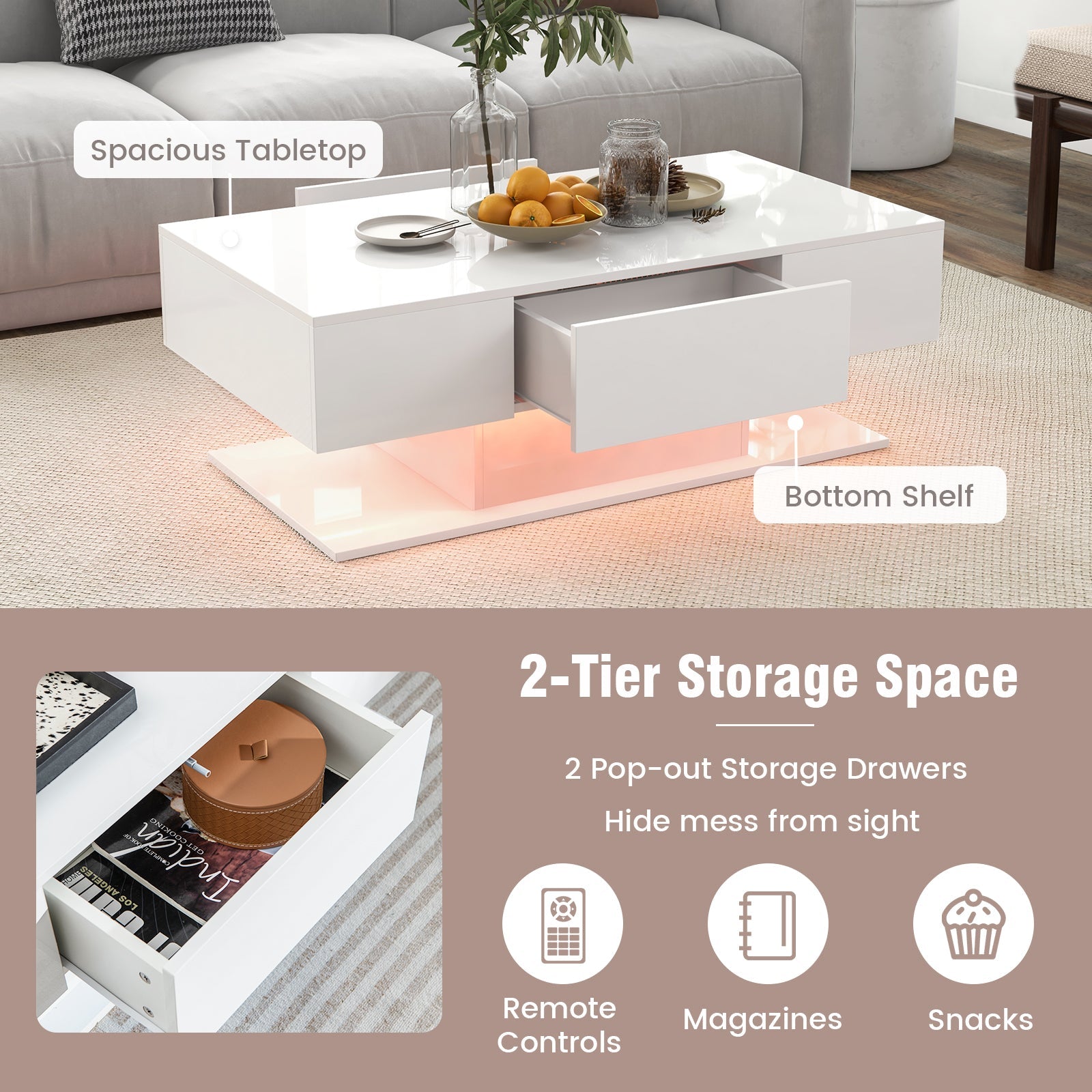 Modern LED Coffee Table with 20 Color LED Lights and 2 Storage Drawers-White