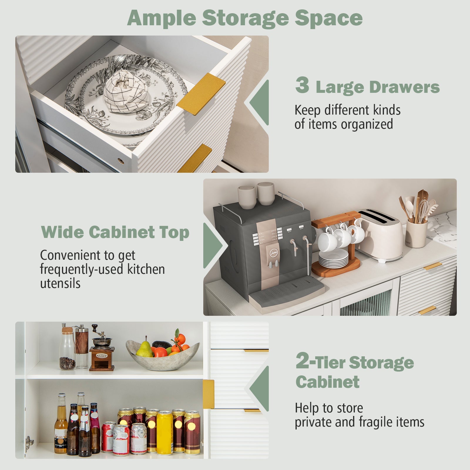Modern Sideboard Buffet Cabinet with 2 Doors and 3 Drawers for Living Room Dining Room-White
