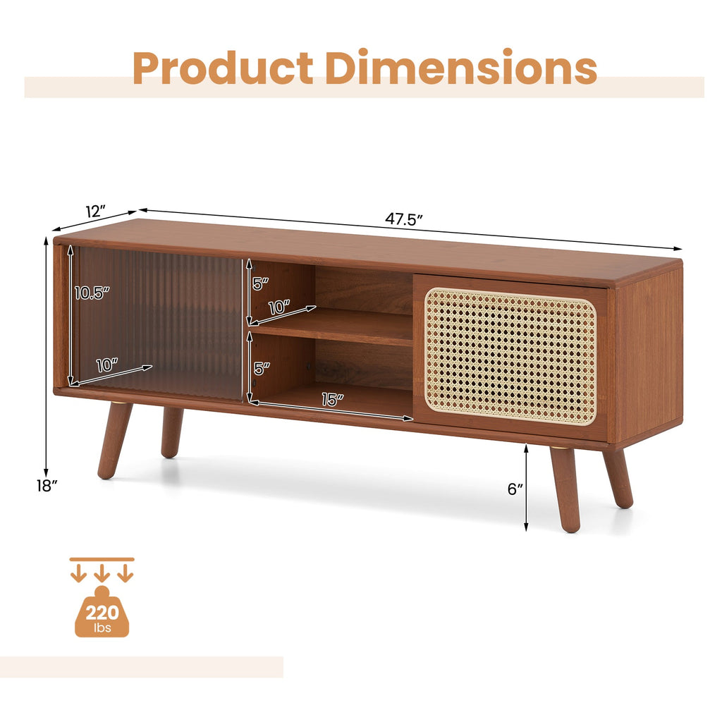 Modern TV Stand with Rattan Glass Sliding Doors-Brown