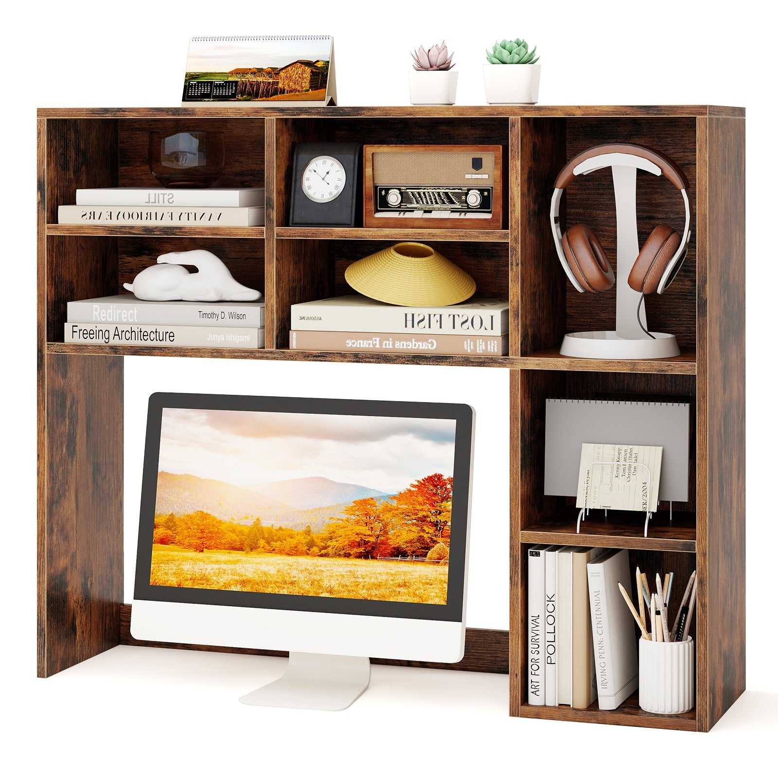 Desktop Bookshelf with 7 Open Cubbies and 3 Adjustable Shelves-Brown