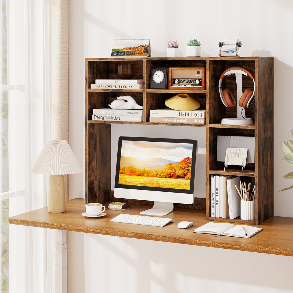 Desktop Bookshelf with 7 Open Cubbies and 3 Adjustable Shelves-Brown
