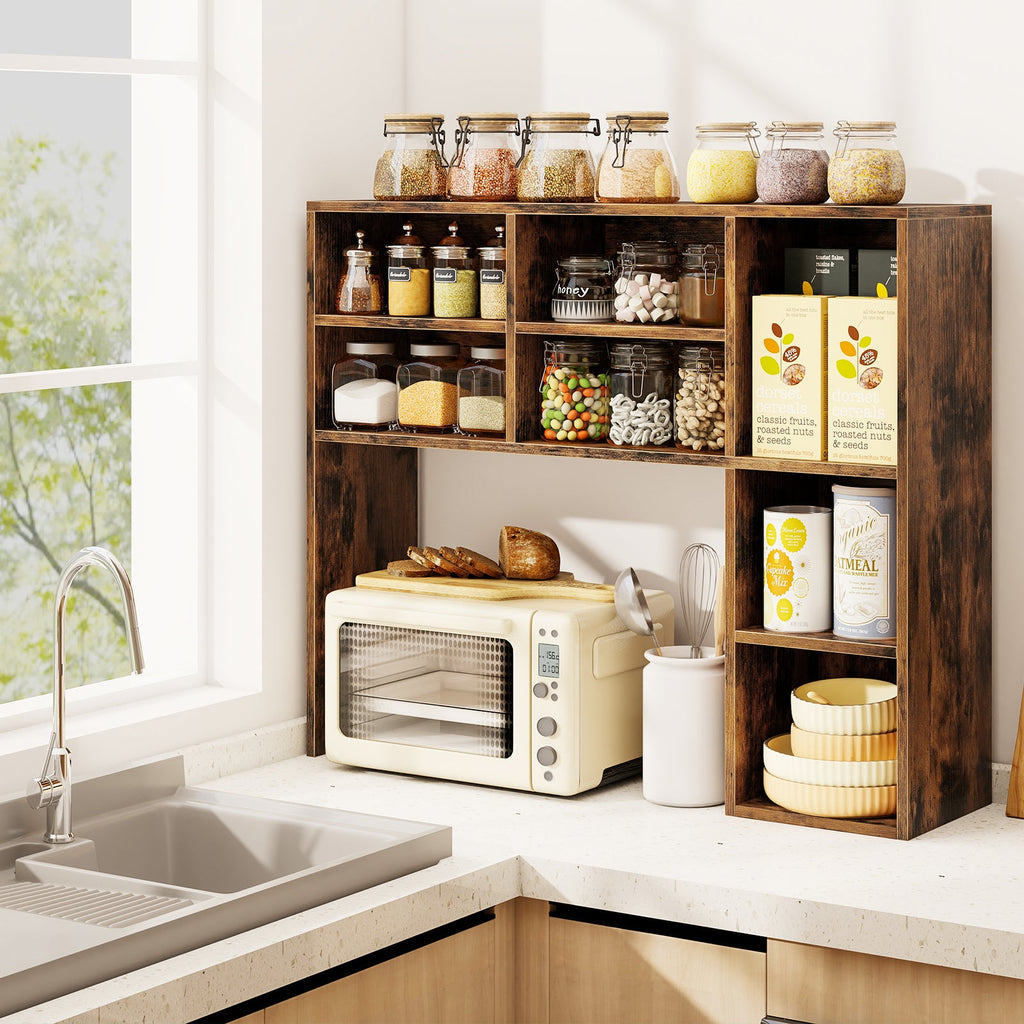 Desktop Bookshelf with 7 Open Cubbies and 3 Adjustable Shelves-Brown