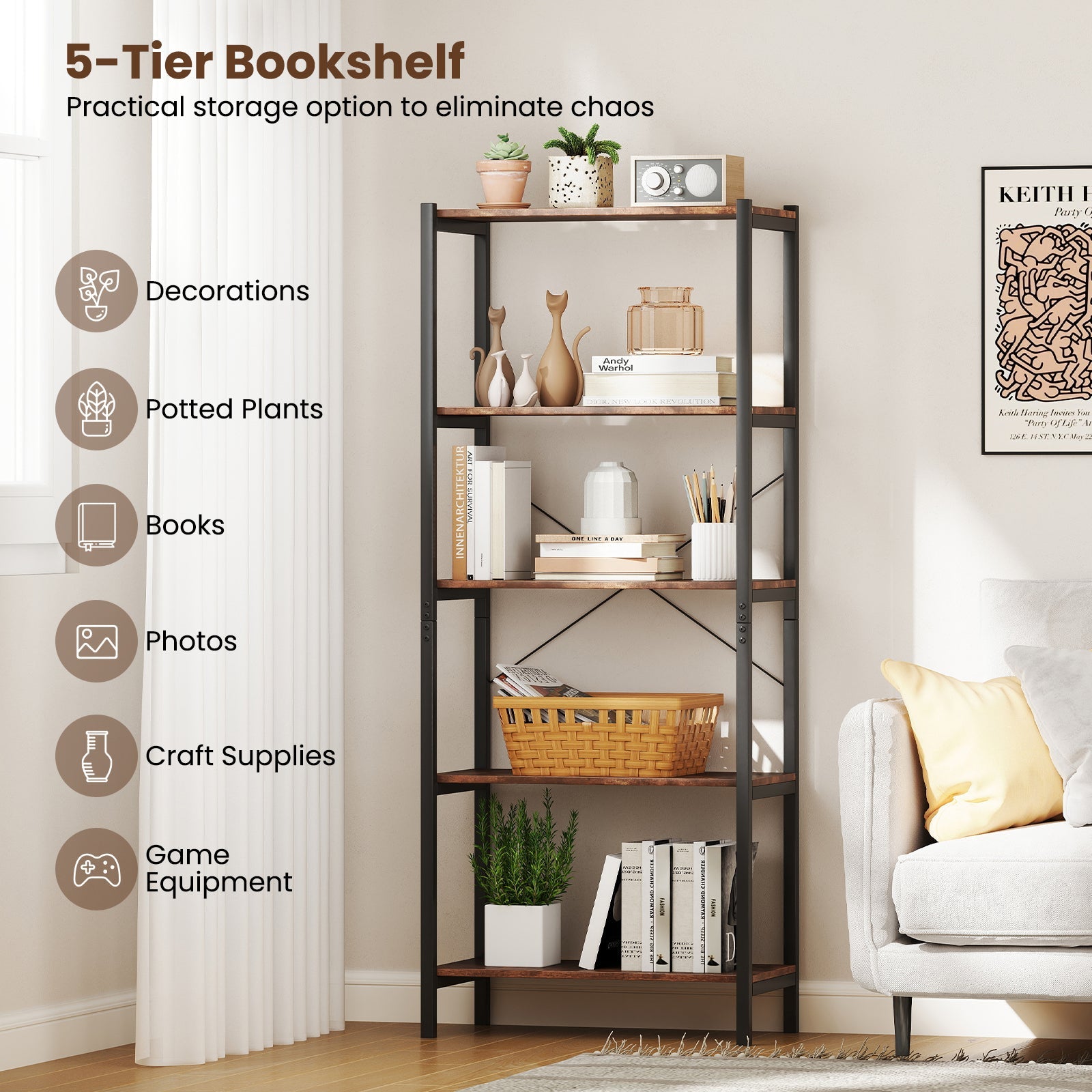 Multipurpose Open Bookcase Industrial Rack Wide Standing Storage Shelf-Brown