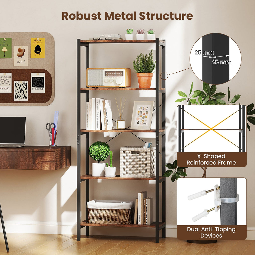 Multipurpose Open Bookcase Industrial Rack Wide Standing Storage Shelf-Brown