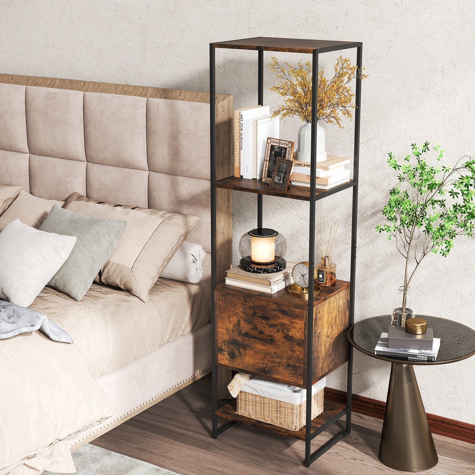 5-Tier Narrow Bookcase with 4 Open Shelves and Storage Drawer-Rustic Brown