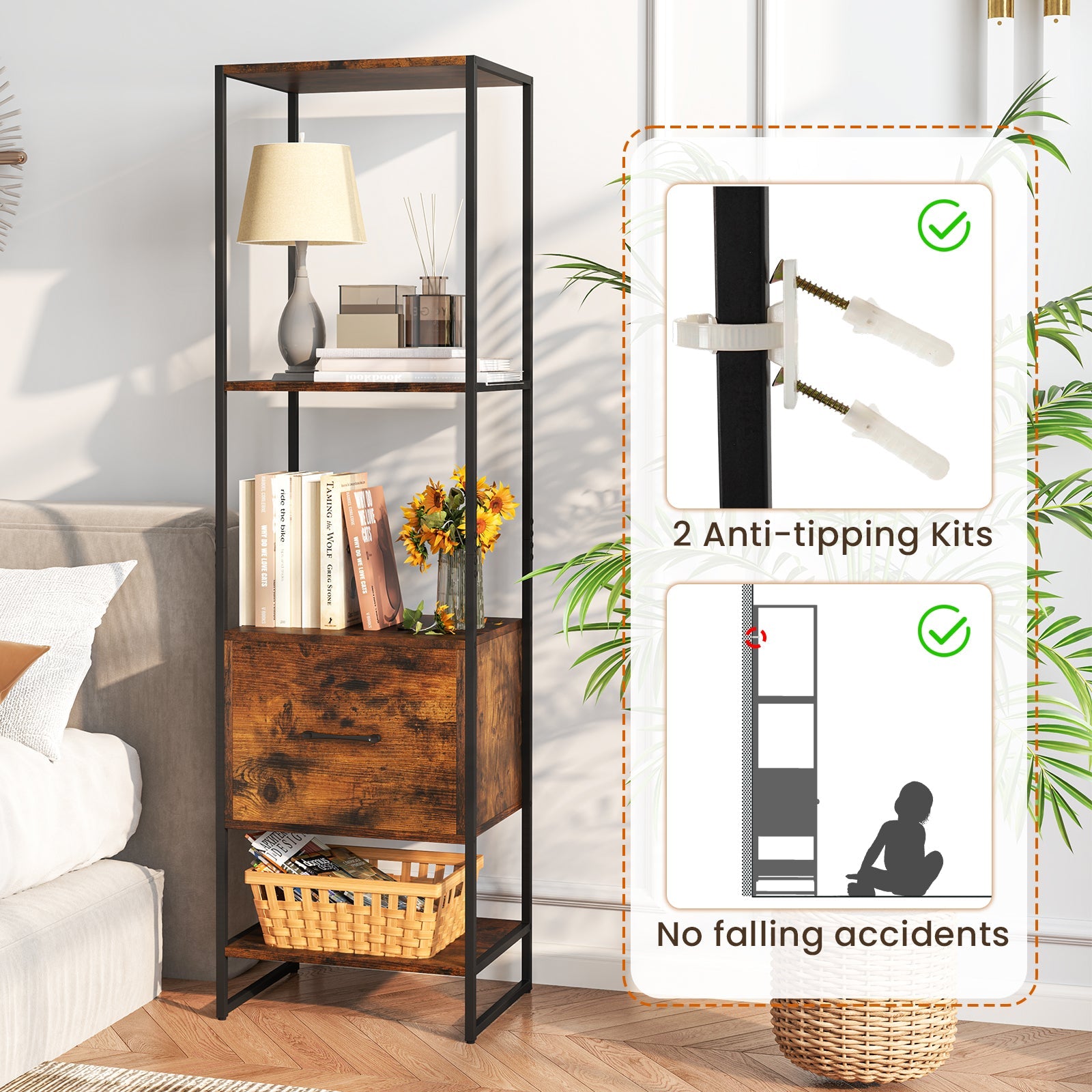 5-Tier Narrow Bookcase with 4 Open Shelves and Storage Drawer-Rustic Brown
