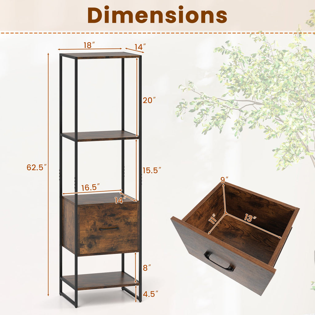 5-Tier Narrow Bookcase with 4 Open Shelves and Storage Drawer-Rustic Brown