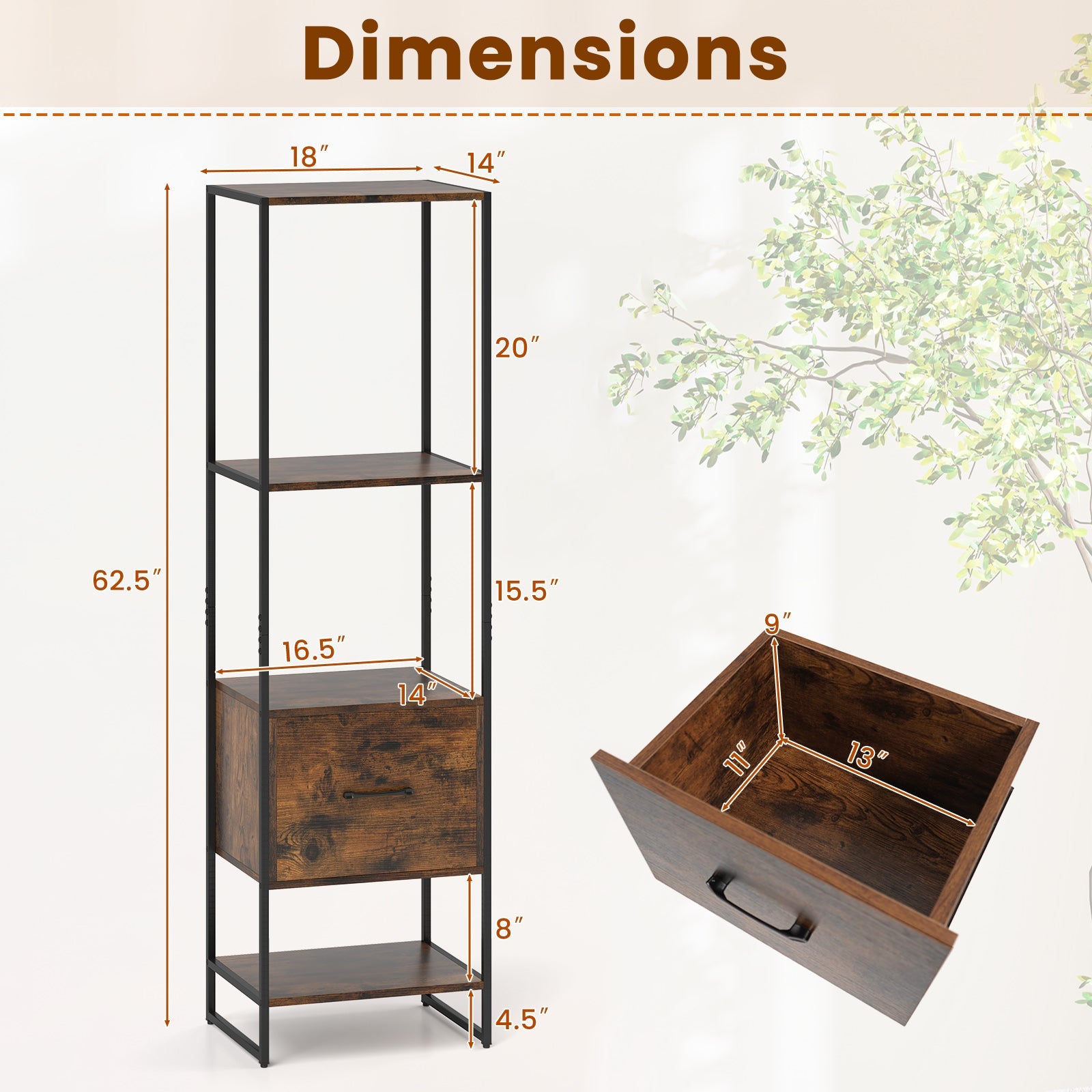 5-Tier Narrow Bookcase with 4 Open Shelves and Storage Drawer-Rustic Brown