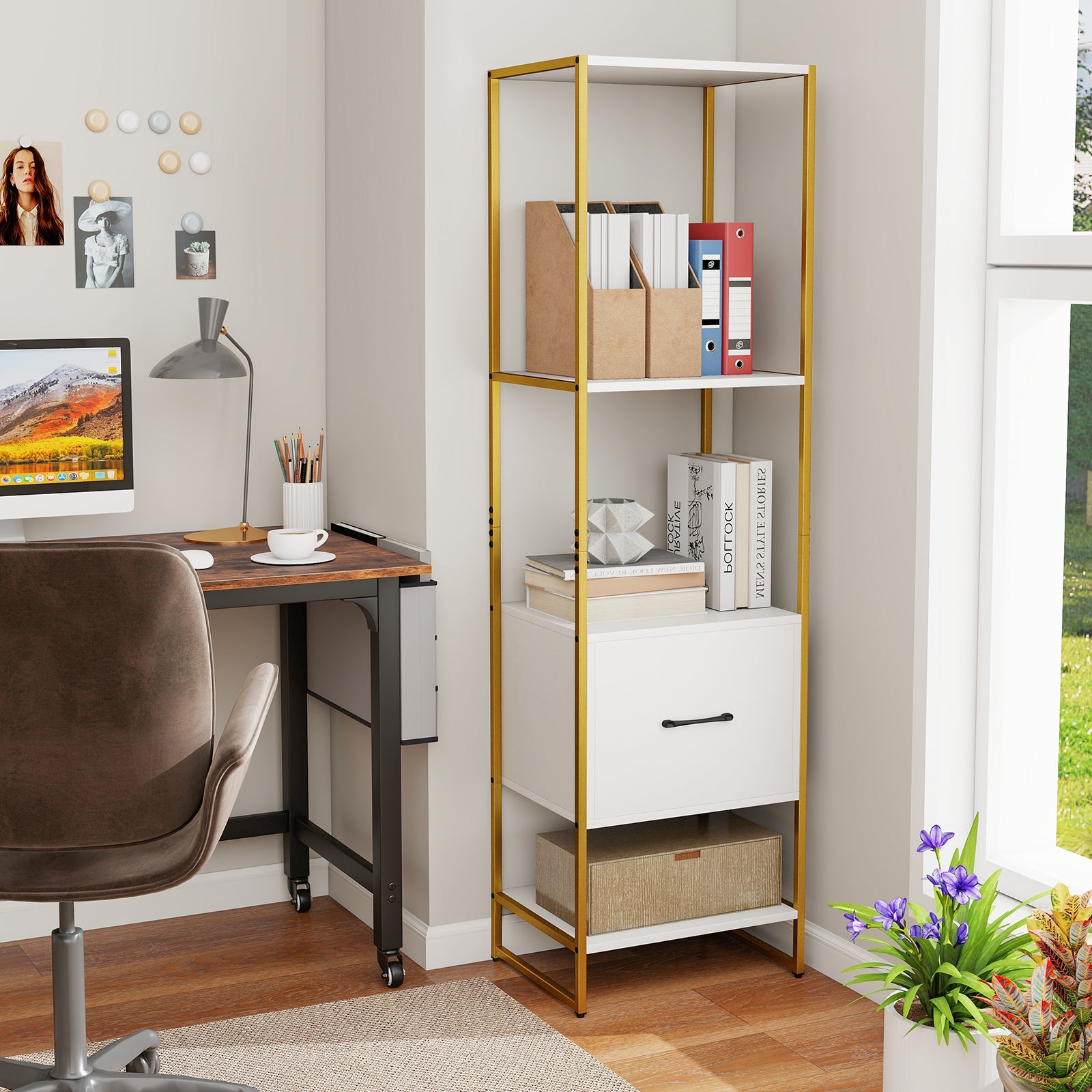 5-Tier Narrow Bookcase with 4 Open Shelves and Storage Drawer-White