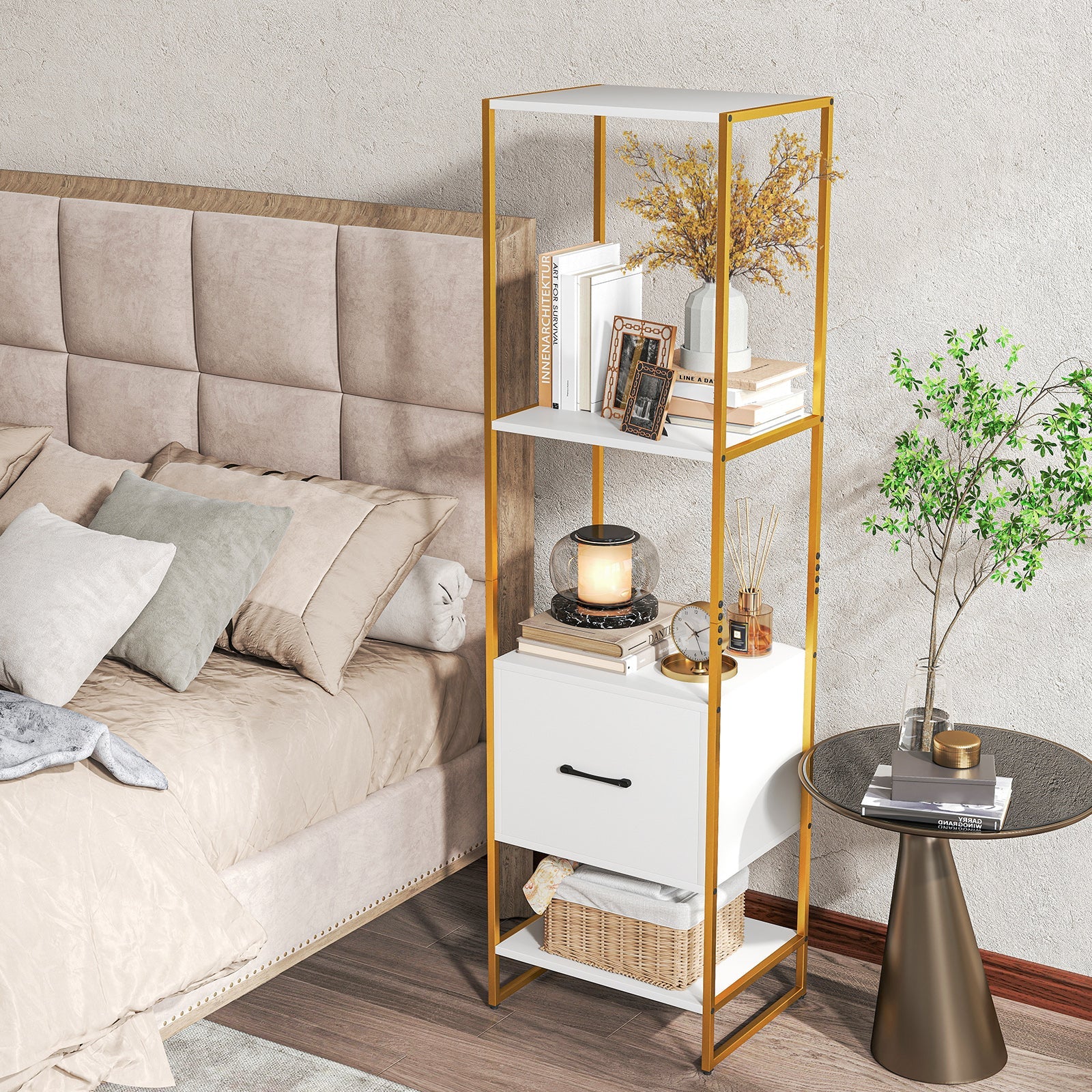 5-Tier Narrow Bookcase with 4 Open Shelves and Storage Drawer-White