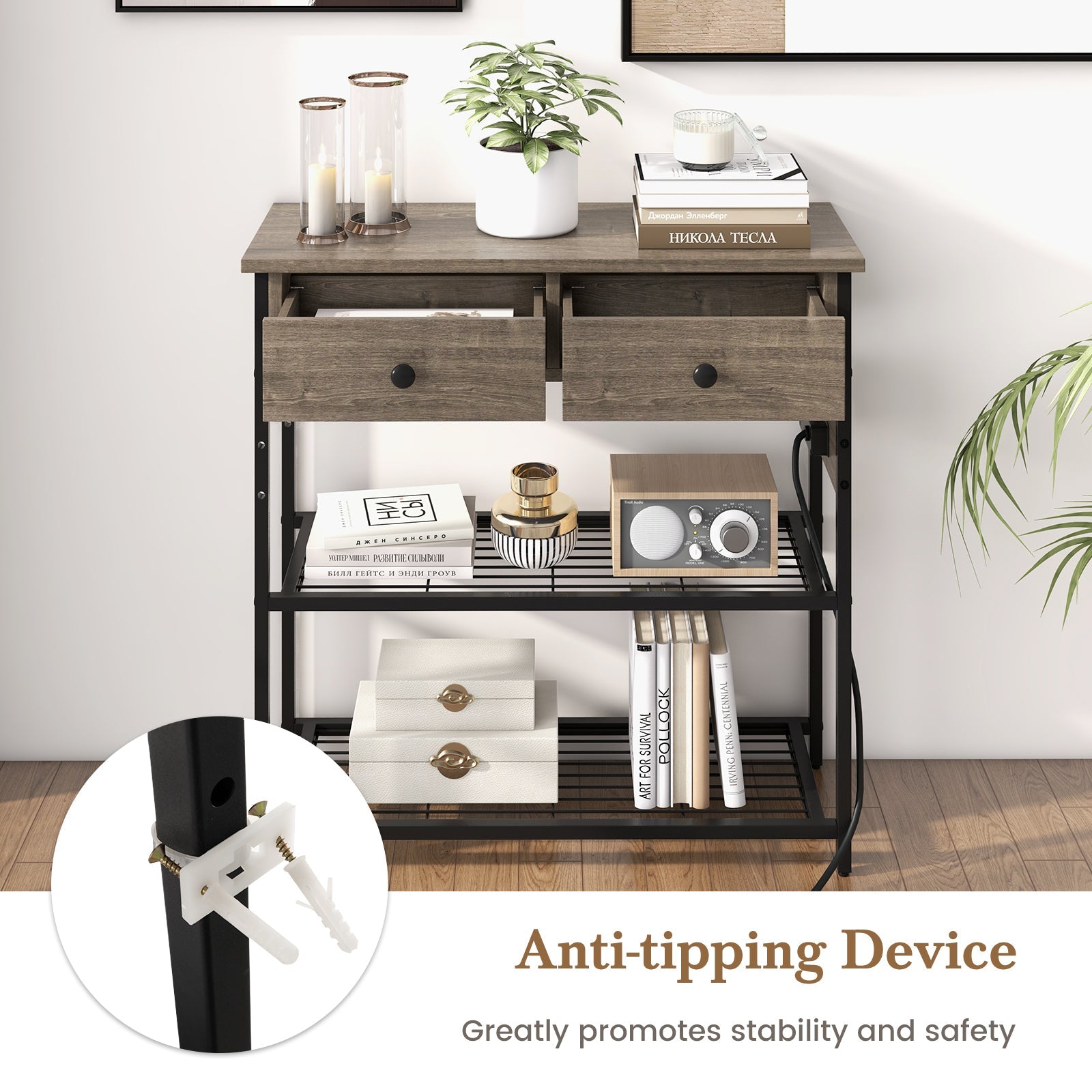 Narrow Console Table with 2 Drawers and 2 Metal Mesh Shelves-Gray