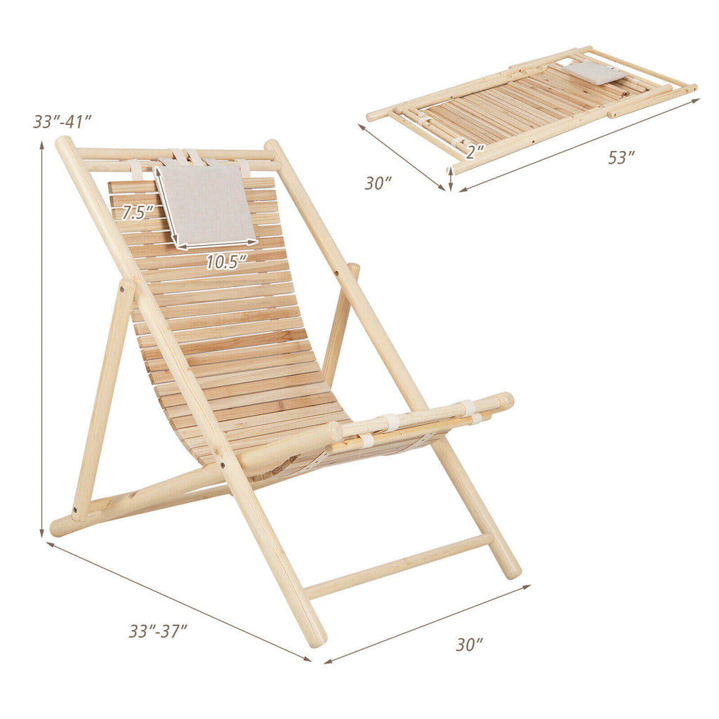 Solid Fir Wood Lounge Chair with 3-Level Adjustable Backrest and Soft Padded Headrest-Natural