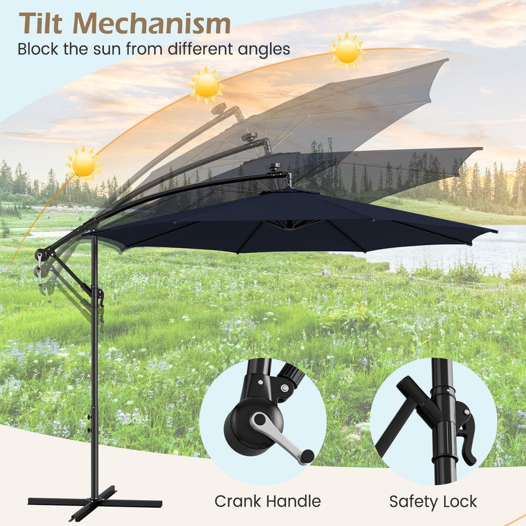 10 Feet Patio Offset Umbrella with 112 Solar-Powered LED Lights-Beige-Navy