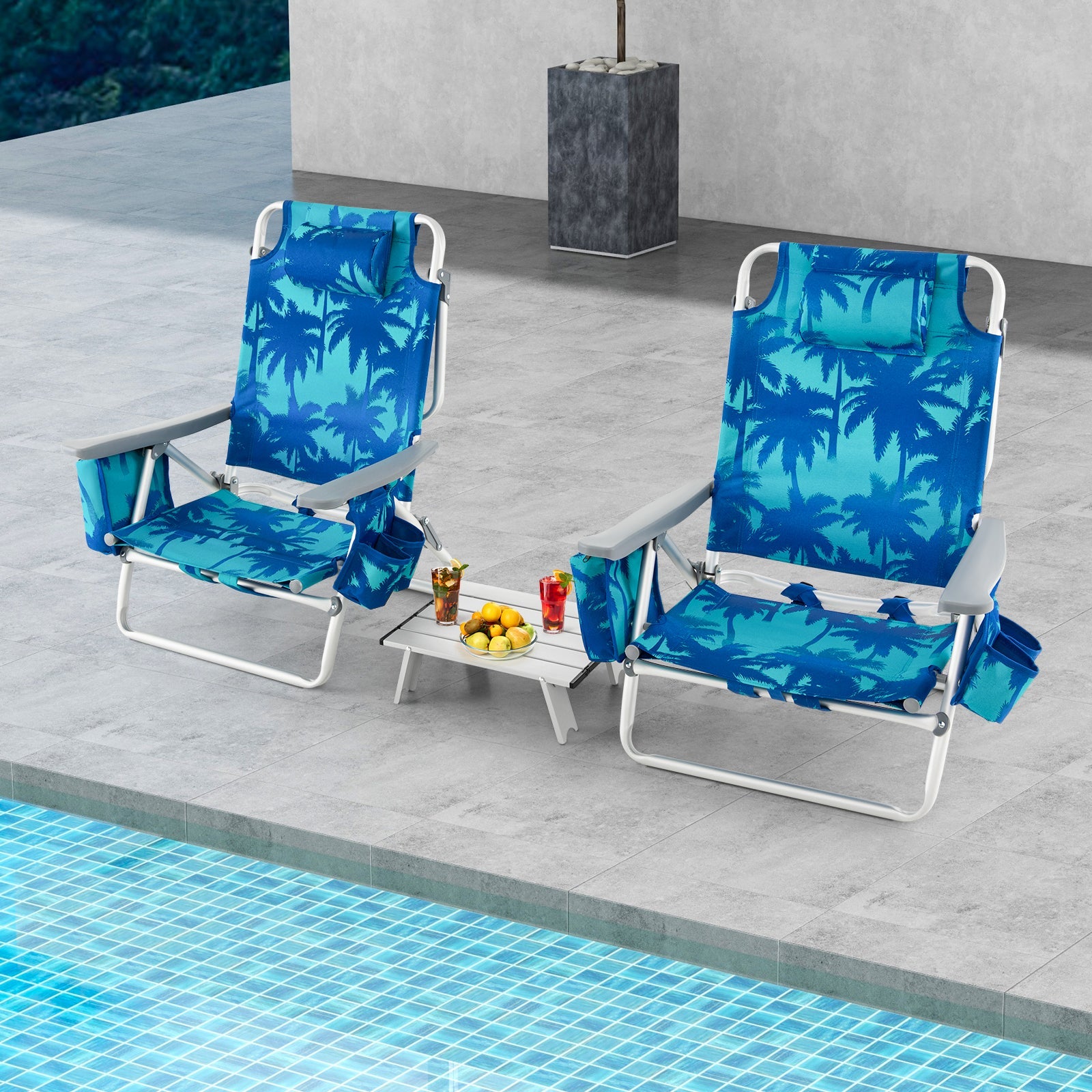 2 Packs 5-Position Outdoor Folding Backpack Beach Table Chair Reclining Chair Set-Navy