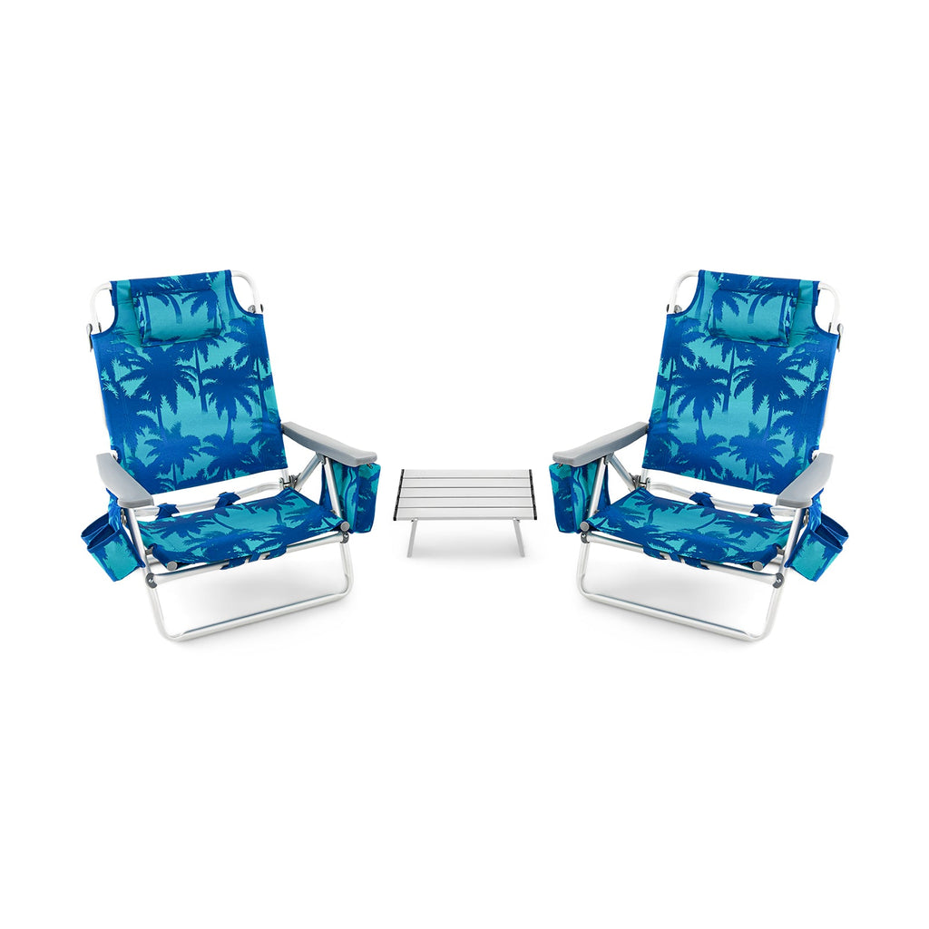 2 Packs 5-Position Outdoor Folding Backpack Beach Table Chair Reclining Chair Set-Navy