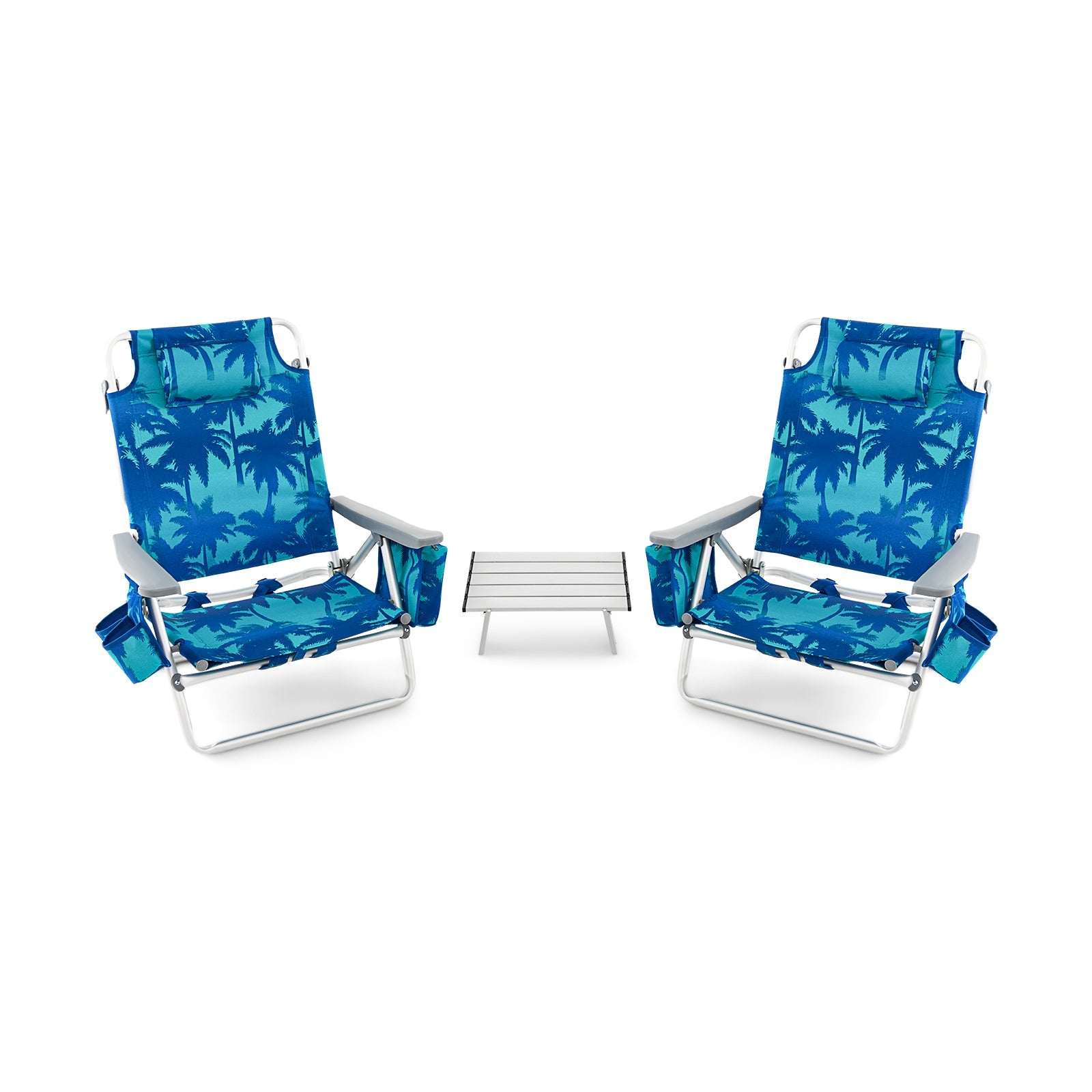 2 Packs 5-Position Outdoor Folding Backpack Beach Table Chair Reclining Chair Set-Navy