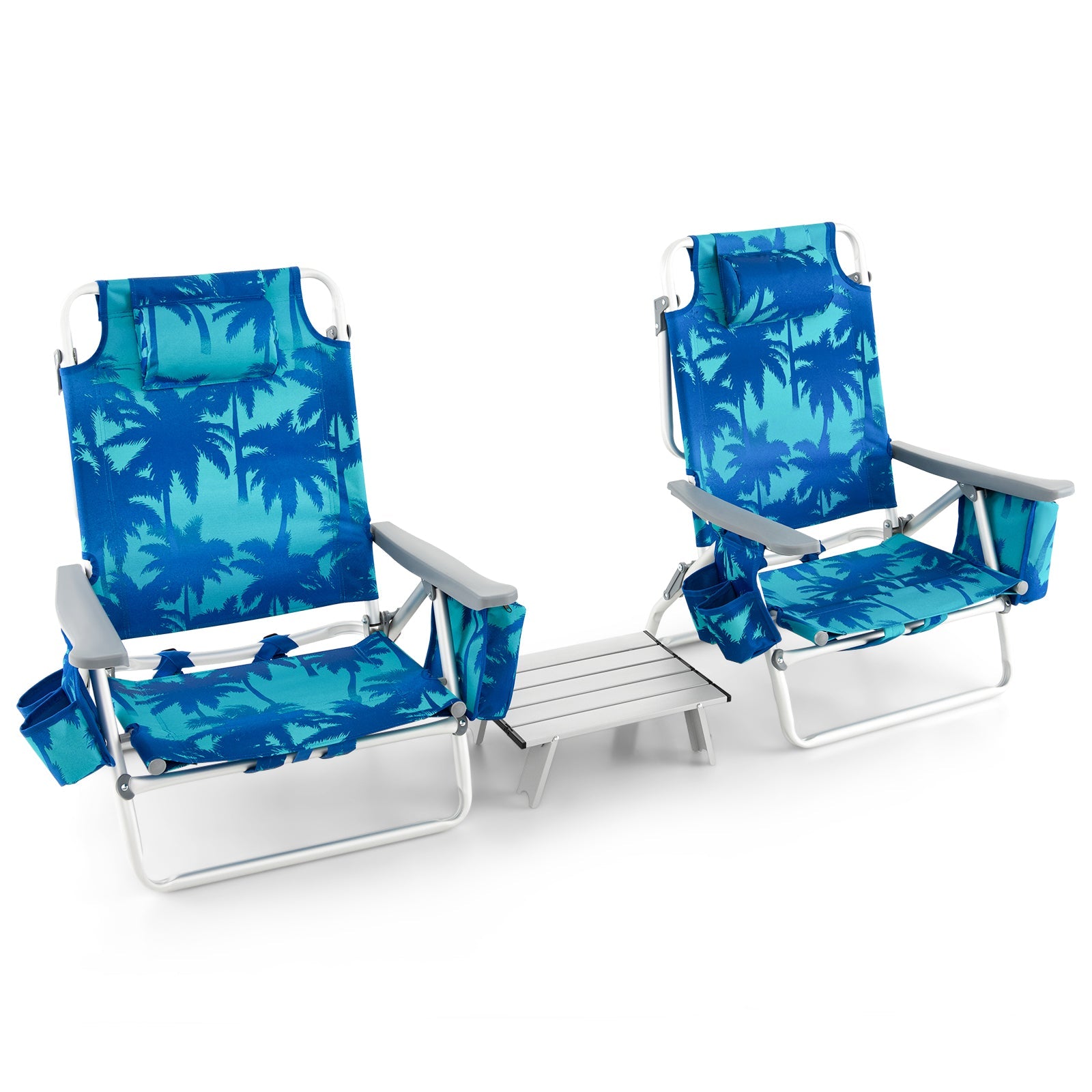 2 Packs 5-Position Outdoor Folding Backpack Beach Table Chair Reclining Chair Set-Navy