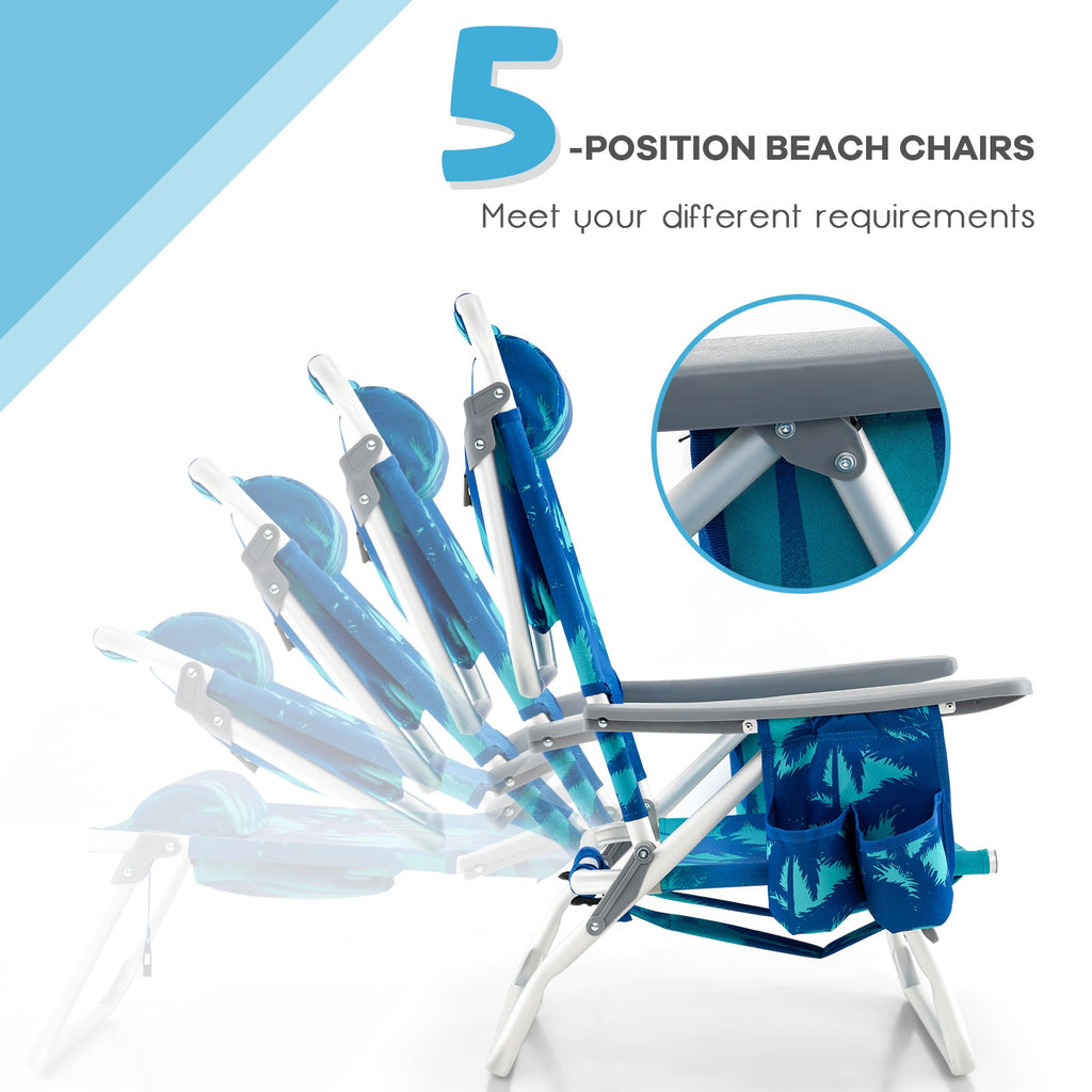 2 Packs 5-Position Outdoor Folding Backpack Beach Table Chair Reclining Chair Set-Navy