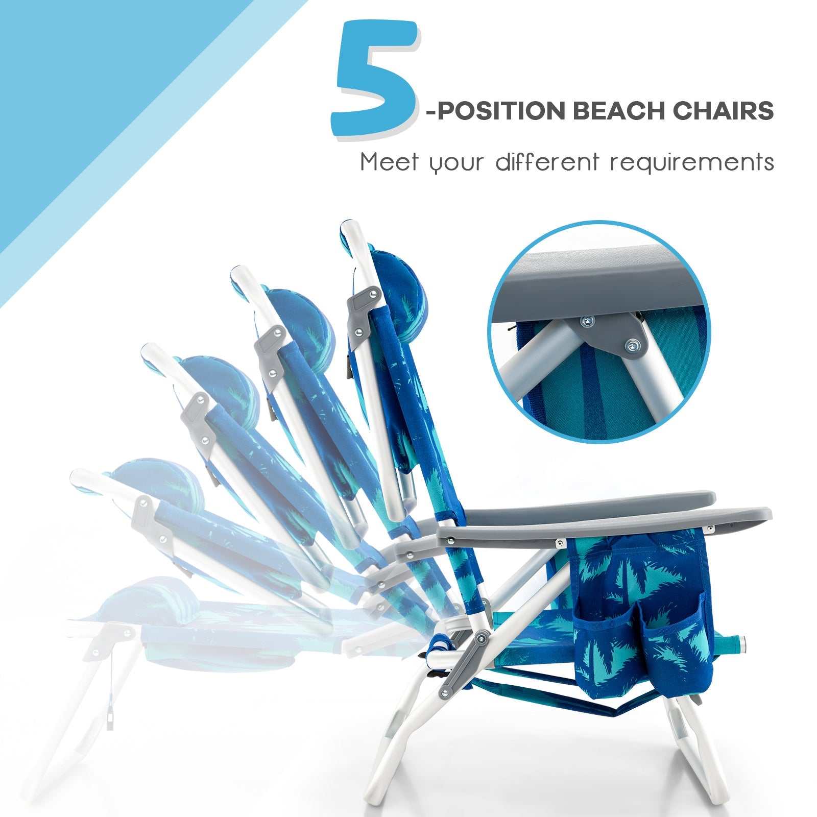 2 Packs 5-Position Outdoor Folding Backpack Beach Table Chair Reclining Chair Set-Navy