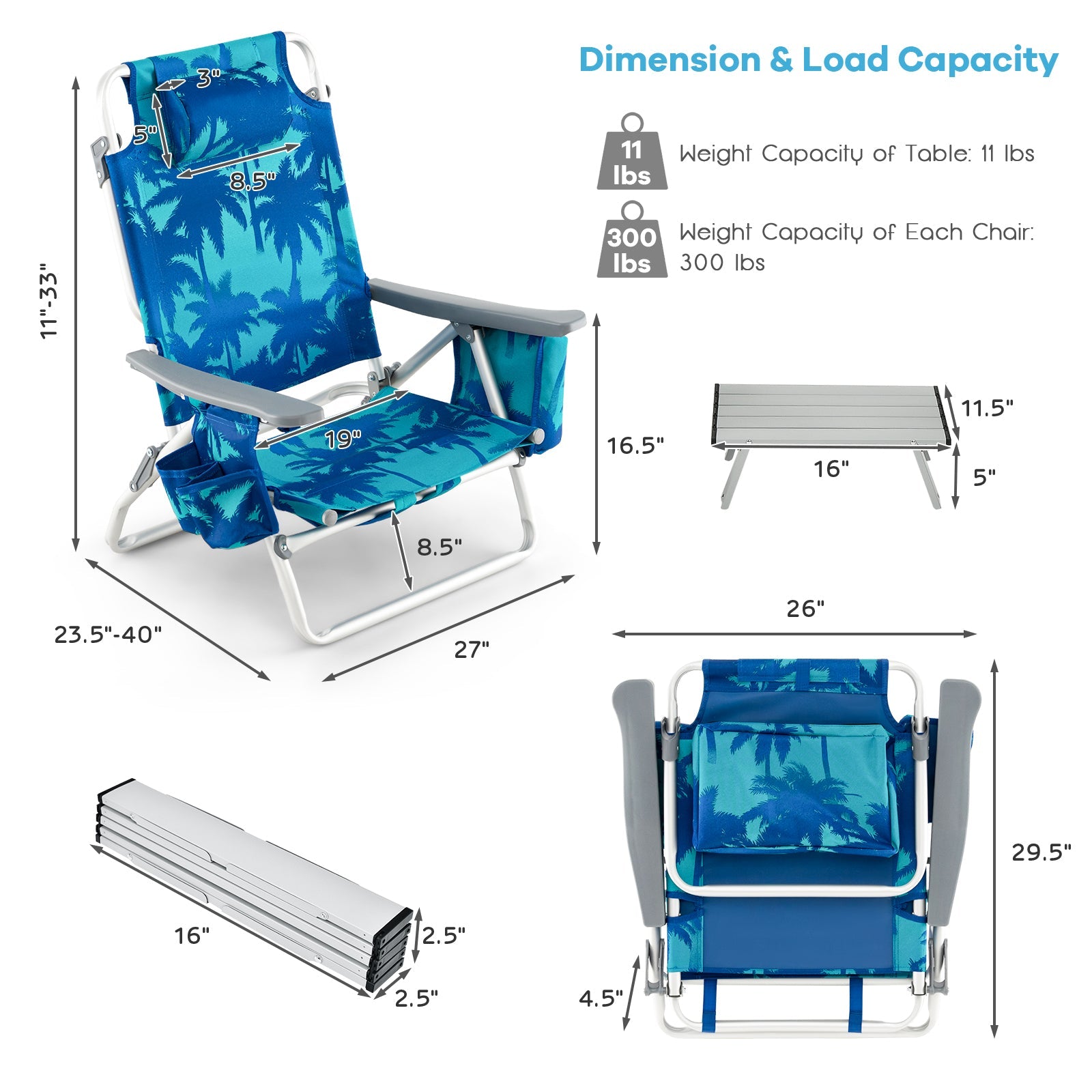 2 Packs 5-Position Outdoor Folding Backpack Beach Table Chair Reclining Chair Set-Navy