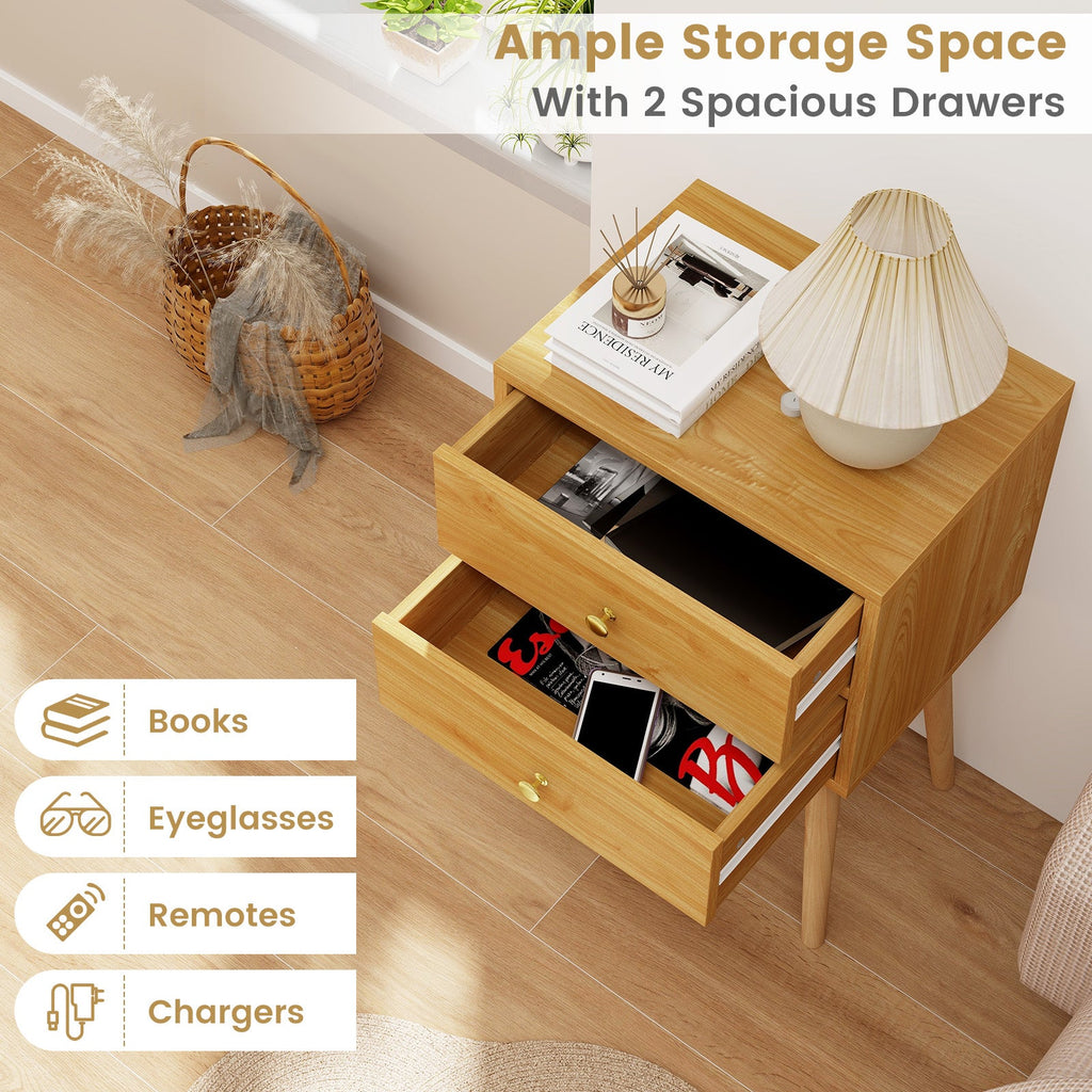 Modern Nightstand Bedside Table Mid Century with 2 Drawers-Natural