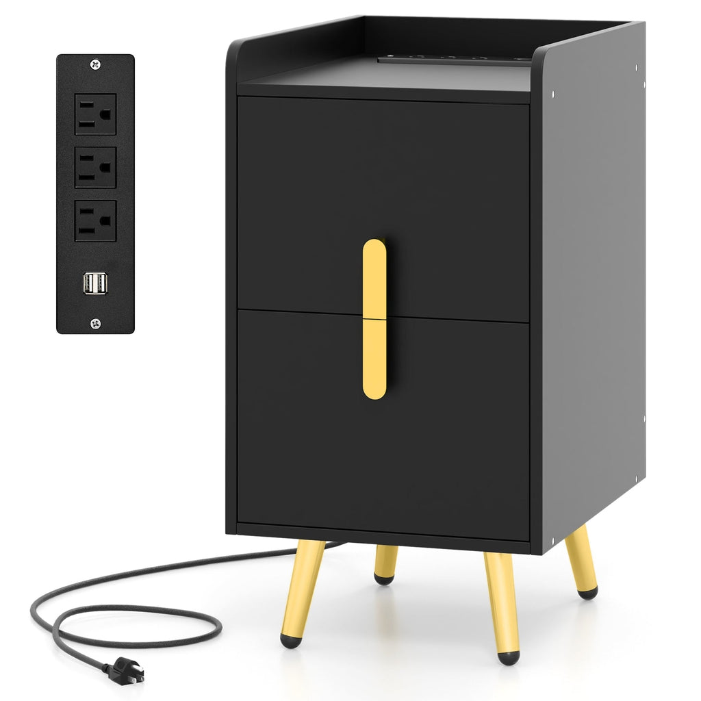 Nightstand Side Tables with 2 Drawers and 2 USB Ports-Black