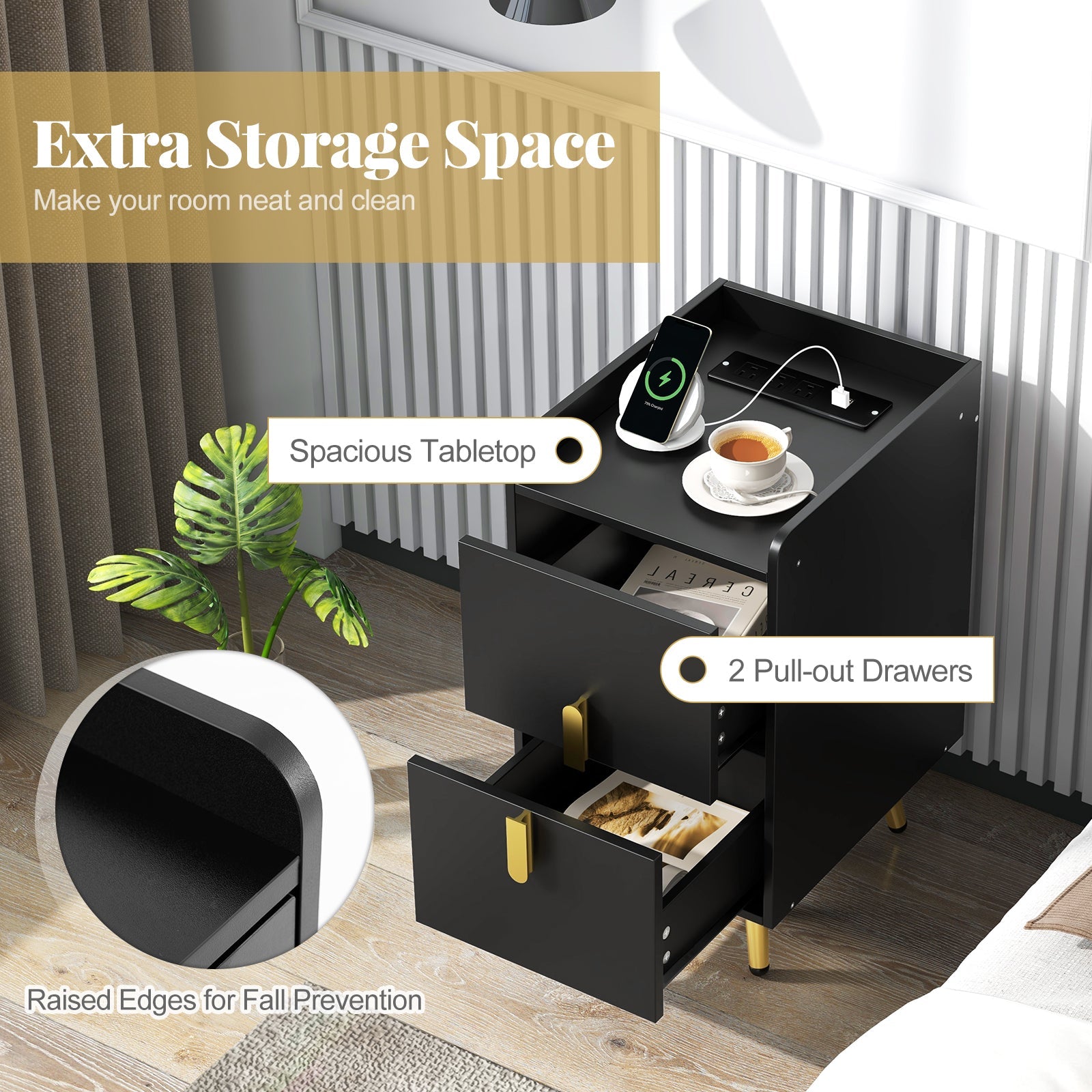 Nightstand Side Tables with 2 Drawers and 2 USB Ports-Black