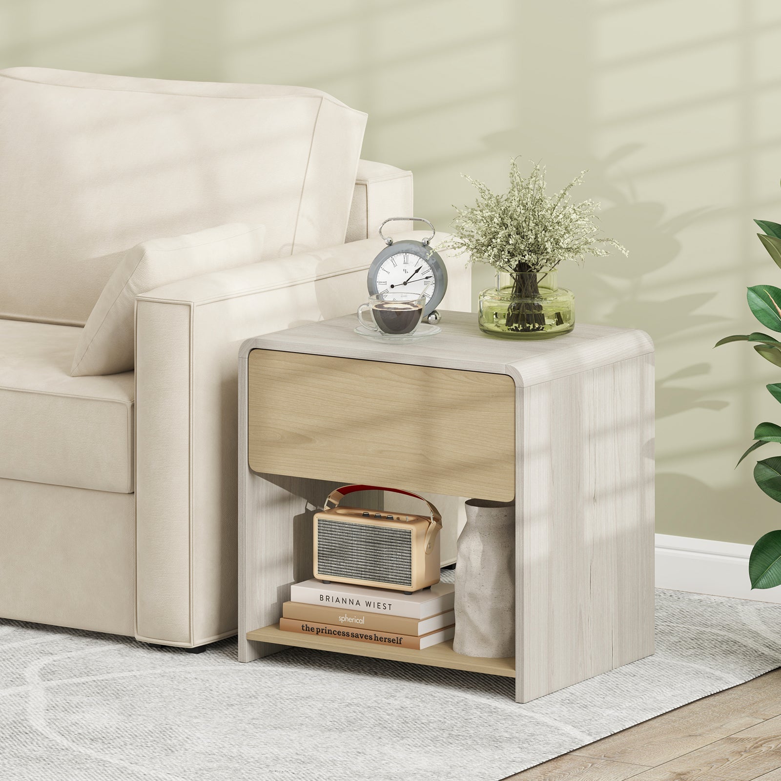 2-Tier Modern Style Nightstand with Drawer and Open Shelf-Oak