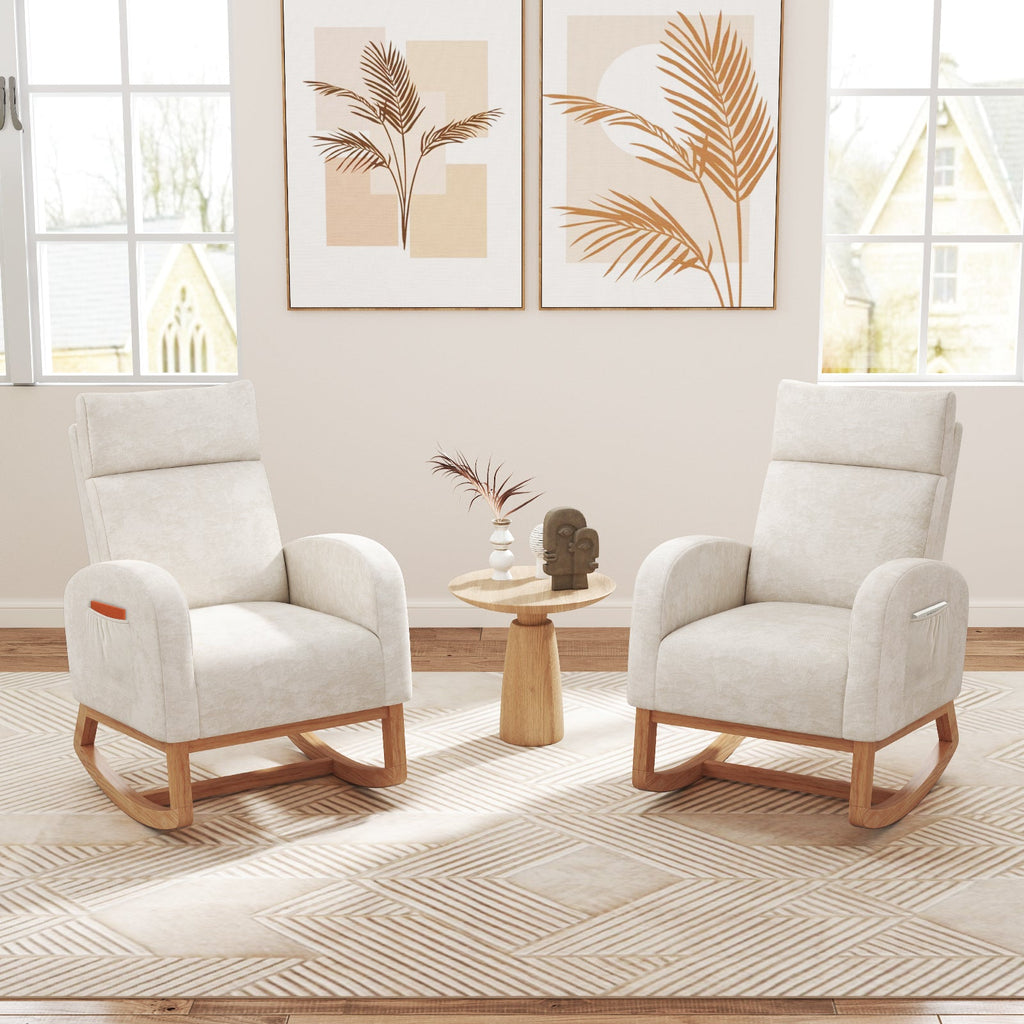 Nursery Rocking Chair Upholstered Chenille Rocker Armchair with Natural Rubber Wood Frame-Beige