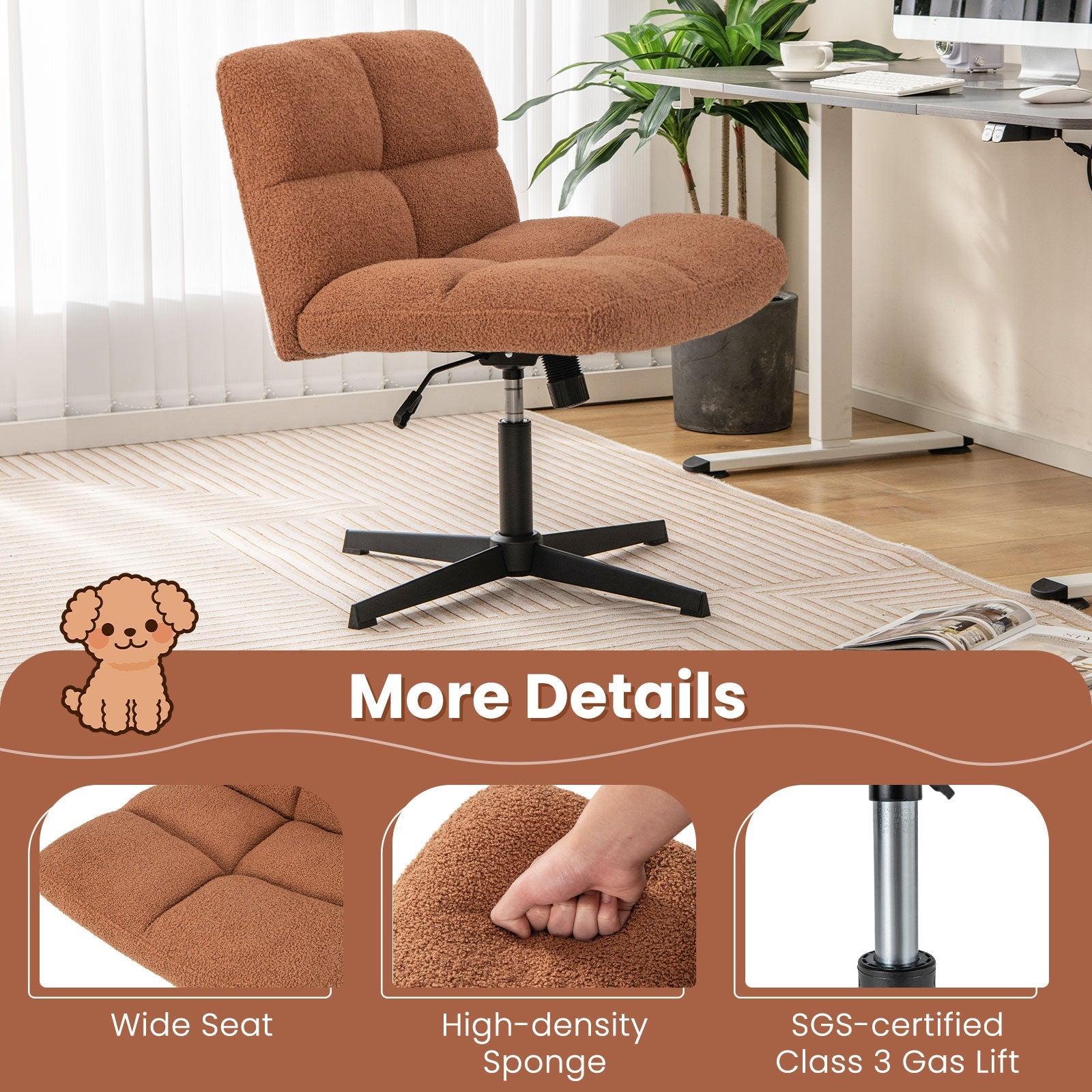 Office Armless Chair Cross Legged with Imitation Lamb Fleece and Adjustable Height-Brown