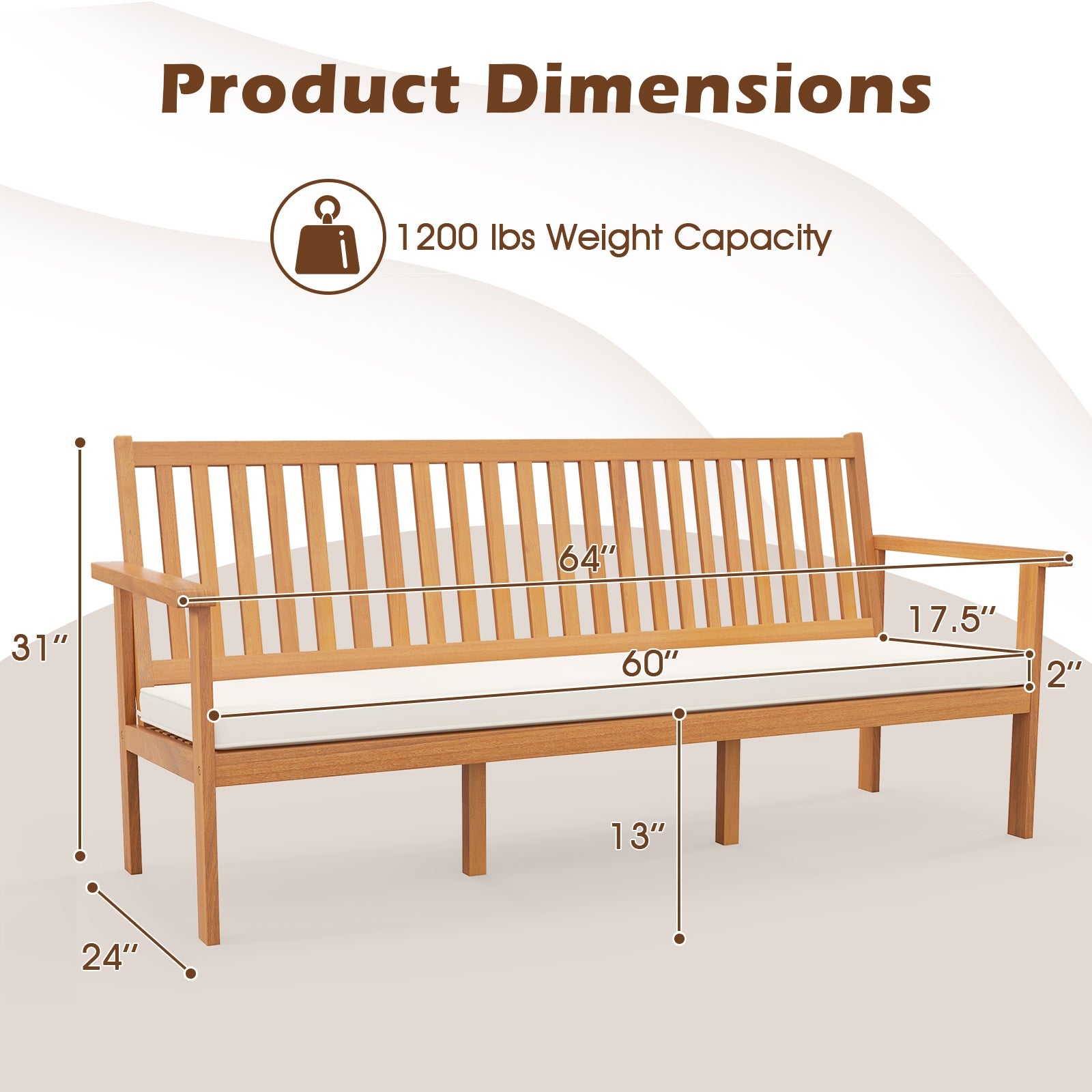 Outdoor 3-Seat Wood Bench with Seat Cushion and Slatted Seat-White