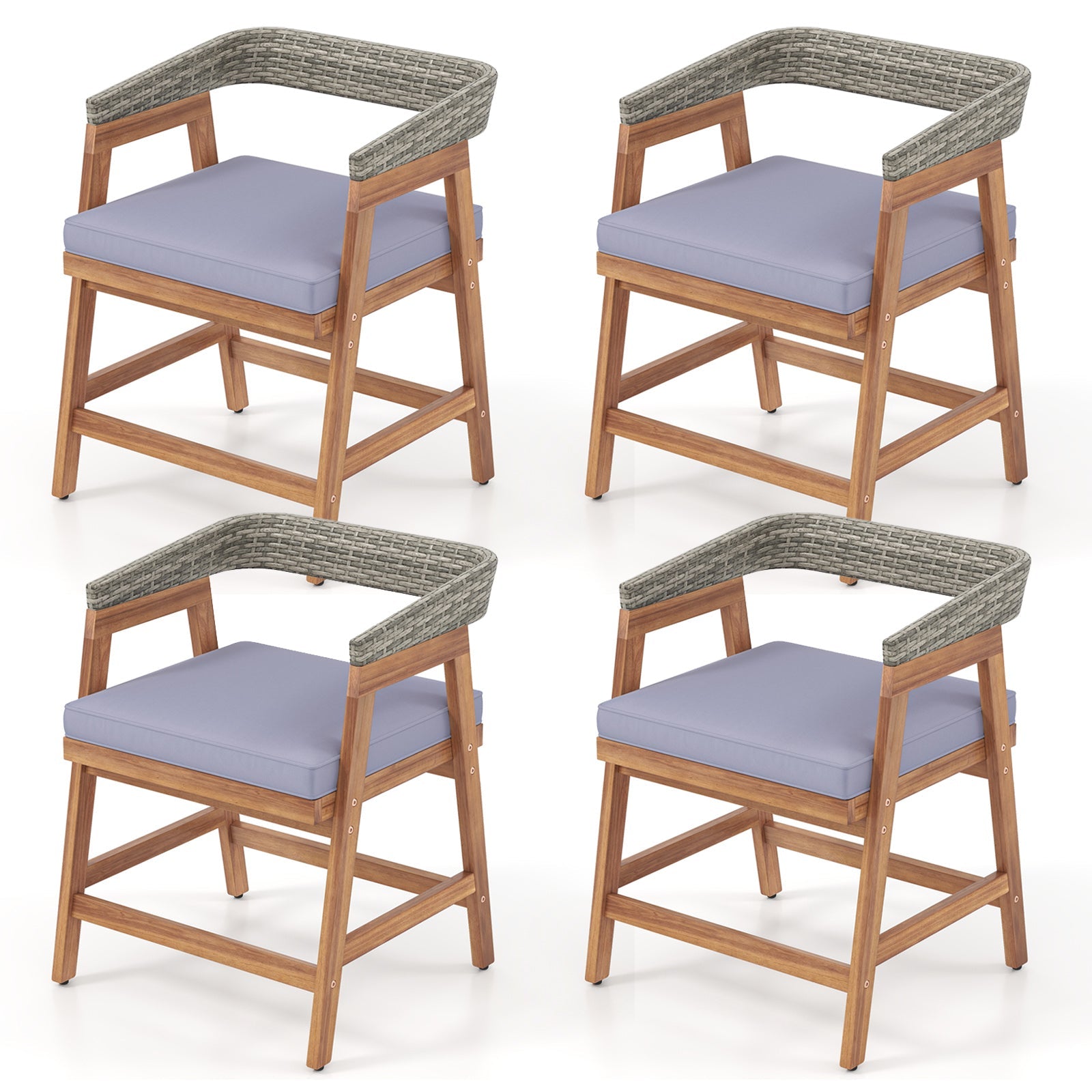 Outdoor Acacia Wood Patio Wicker Dining Chairs Set of 4 with Seat Cushion-Gray